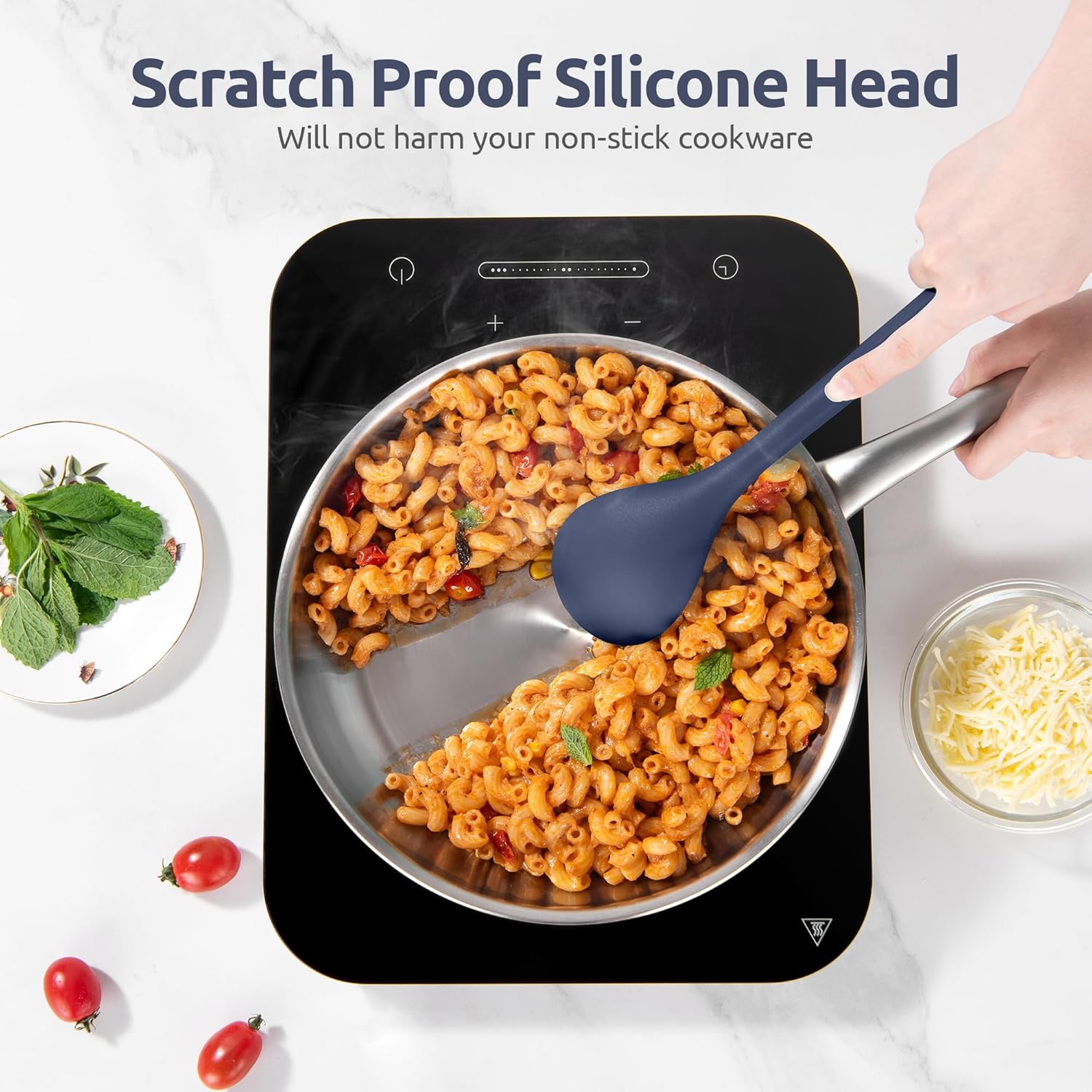 U-Taste Extra Long Silicone Kitchen Utensils, 5 Pcs 315℃ Heat Resistant Food Grade Cooking Tools Non-Stick Silicone Spatula Turner Spoon for Mixing Serving Frying Stirring Draining (Midnight Blue) - Image 5