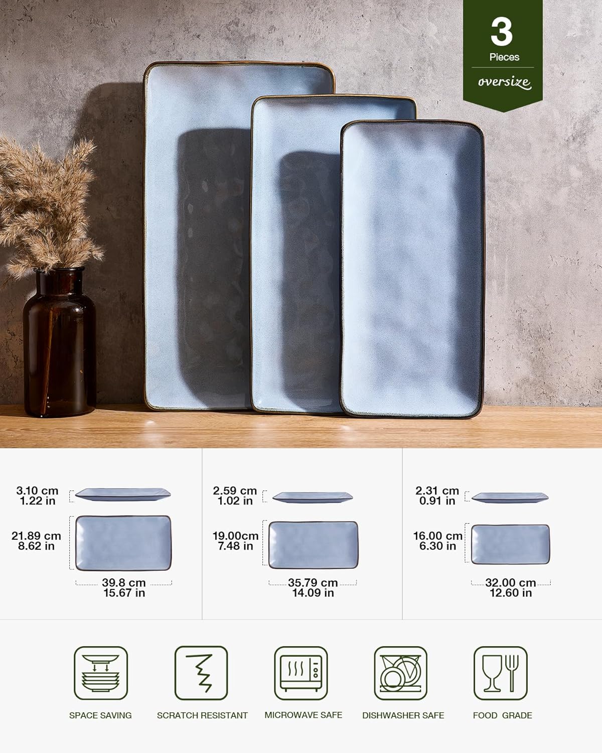 Richmount Ocean Serving Platter, Rectangular 15.59/14.3/12.9 inch Serving Dishes for Entertaining, Serving Bowls, Microwave Safe, Stoneware Serving Trays for Party, Turkey, Cheese, Blue - Image 3