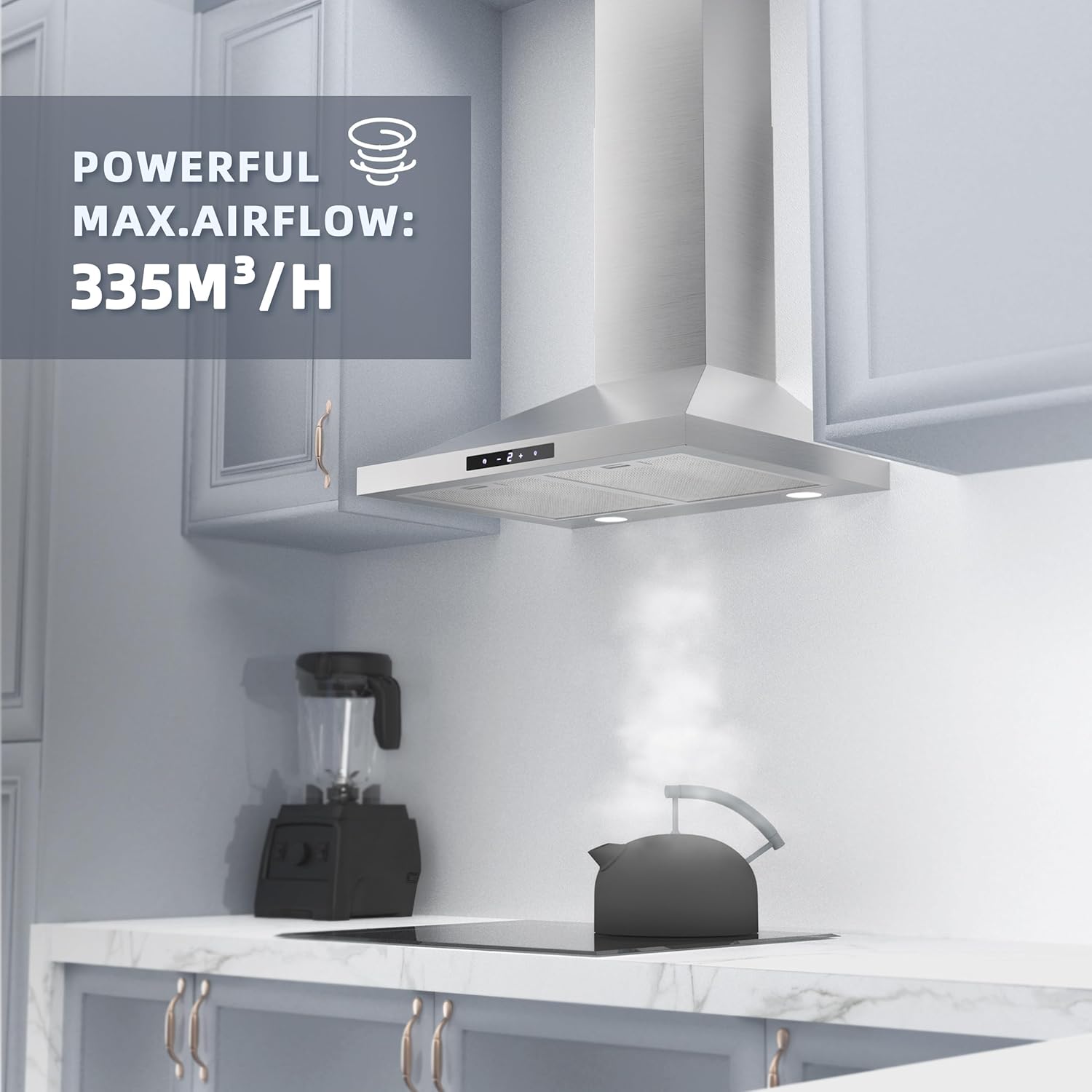 FIREGAS Chimney Cooker Hood 60 cm, 3 Fand Speeds, 335 m³/h,Touch controls,Recirculating & Ducting Extractor Hood Wall Mounted Range Hood 600mm Kitchen Extractor Fan - Stainless Steel - Image 2