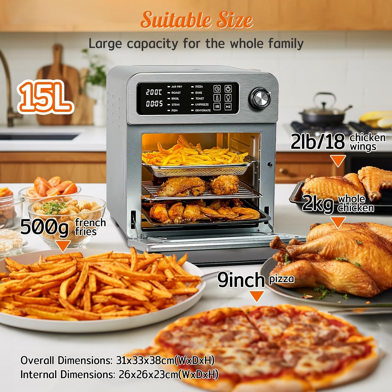 HYSapientia® 15L Large Air Fryer Oven For Family Digital Knob 1700W 10 in 1 Airfryer Toaster Air Convection Mini Oven electric and grill,Fast Cooking,Cookbook - Image 4