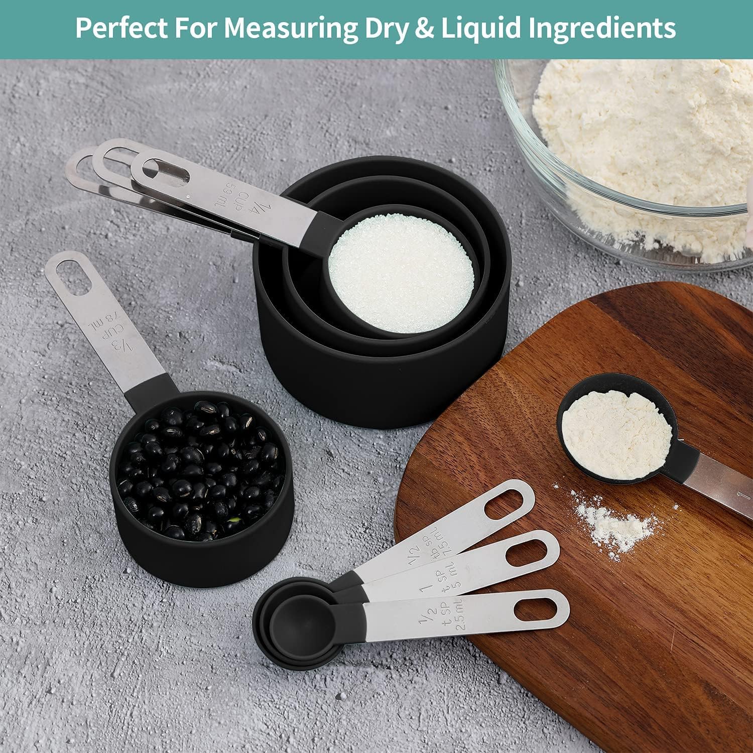 8 Pcs Measuring Cups and Spoons Set, Stackable Stainless Steel Handle Accurate Tablespoon for Measuring Dry and Liquid Ingredients Small Teaspoon with Plastic Head (Black) - Image 2