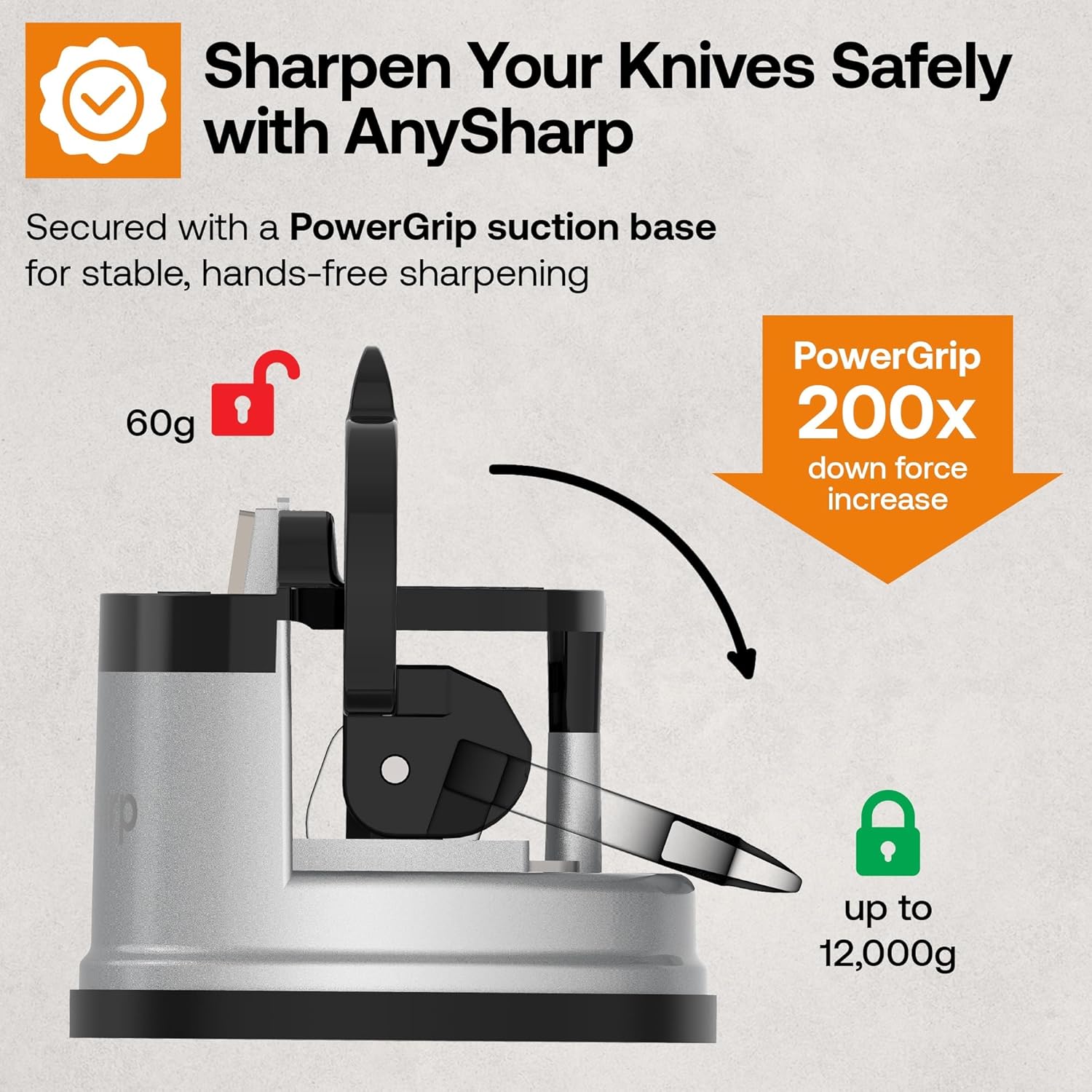 AnySharp Knife Sharpener, Hands-Free Safety, PowerGrip Suction, Safely Sharpens All Kitchen Knives, Ideal for Hardened Steel & Serrated, World's Best, Compact, One Size, Silver - Image 6