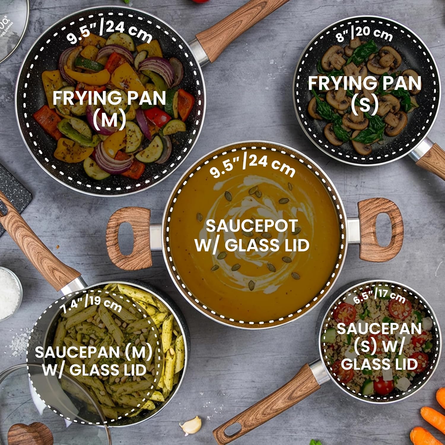 Non Stick Pots and Pans Set – Induction Hob Pot Set – 8pcs Kitchen Cookware with Lids – Cooking Marble Saucepan Pots and Frying Pans – by Nuovva - Image 2