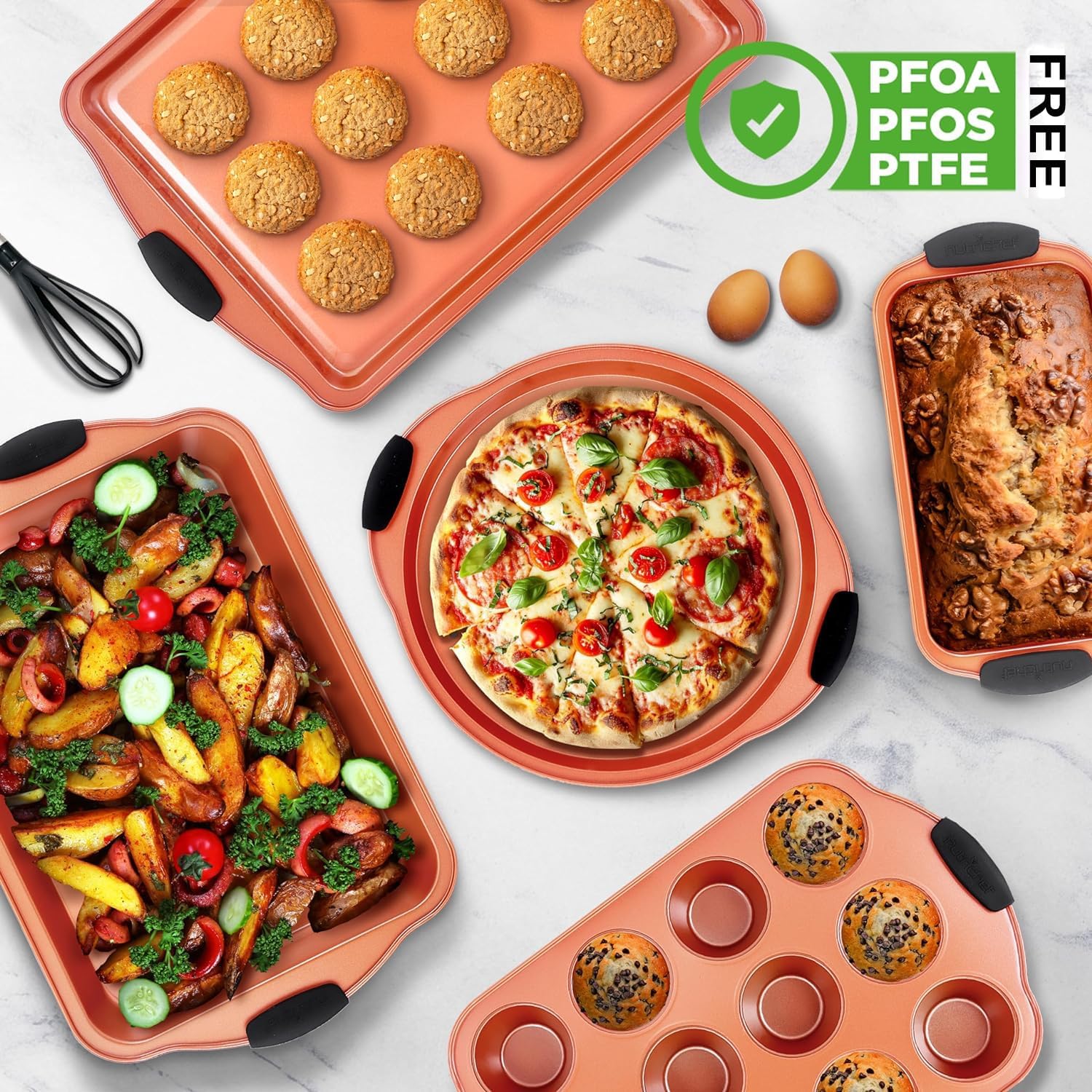 NutriChef Non-Stick Bakeware Set 10-Piece , Premium Carbon Steel Baking Pans with Silicone Handles, Includes Cookie Sheets, Cake, Pizza and Roasting Pans, Non-Toxic Kitchen Cookware Set, Copper - Image 4