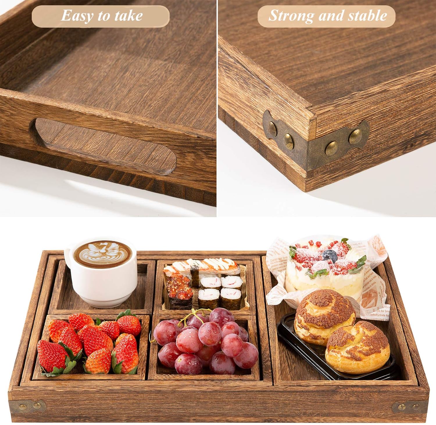 Yangbaga Serving Trays with Handles-Set of 7-Wooden Platters | Wooden Trays Anti-Slip Rectangular| Serving Trays for Parties |Multipurpose Trays Perfect for Food, Tea, Coffee,Drinks… - Image 4