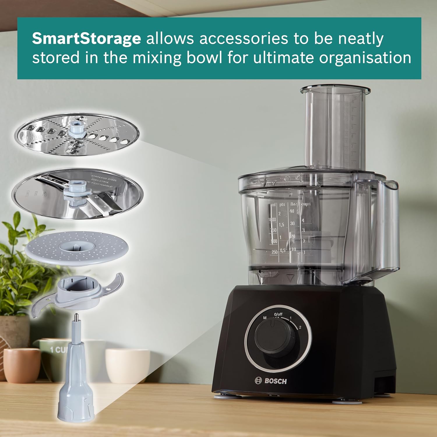 Bosch MultiTalent 3 MCM3201BGB 800W 2.3L Food Processor with 2 speeds, 1 litre blender and/Slicing/Grating/Beating attachments. - Black - Image 7