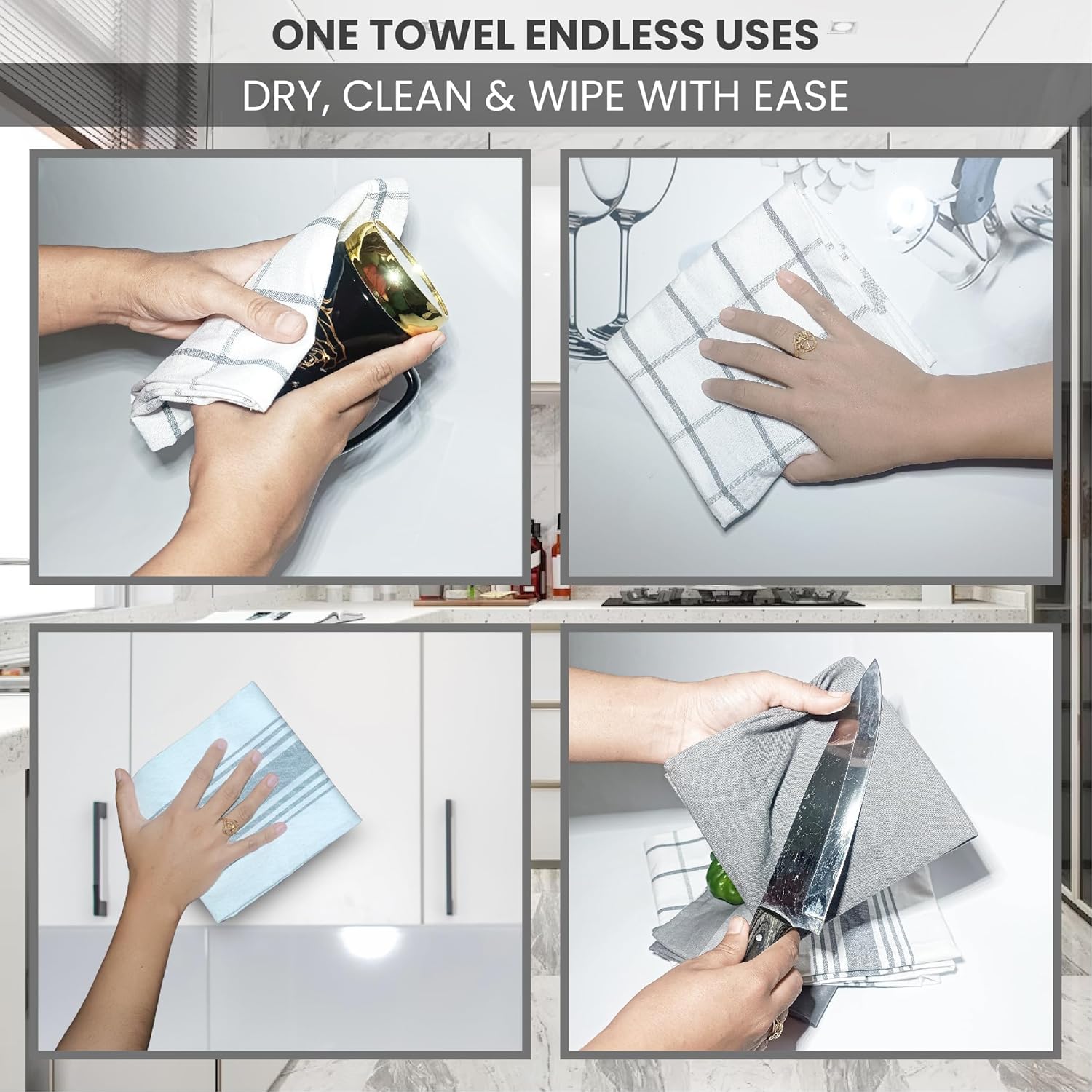 Premium Kitchen Tea Towels Set of 5 – Eco-Friendly 100% Cotton Hotel Quality Kitchen Towels Ultra Absorbent & Lint Free, Quick Drying Dish Cloth, 70 x 50 cm (Grey) - Image 4
