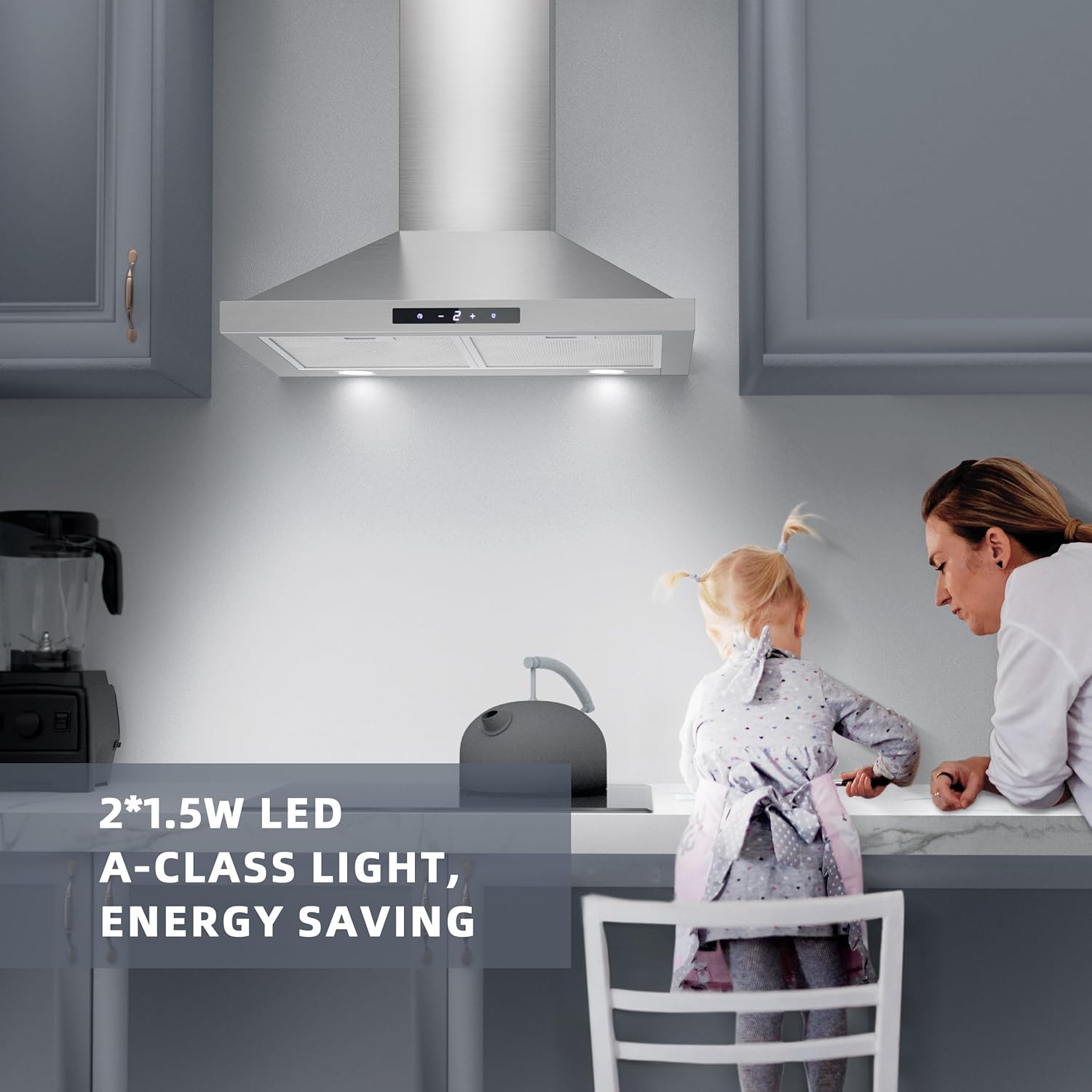 FIREGAS Chimney Cooker Hood 60 cm, 3 Fand Speeds, 335 m³/h,Touch controls,Recirculating & Ducting Extractor Hood Wall Mounted Range Hood 600mm Kitchen Extractor Fan - Stainless Steel - Image 4