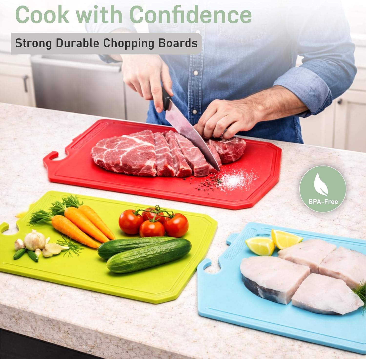 Chopping Board Set (UK Company) – 3 Large 37.5x23.5cm Colour-Coded Plastic Cutting Boards with Vertical Stand & Drip Tray, Reversible, BPA-Free, Non-Slip, Dishwasher Safe - Image 6