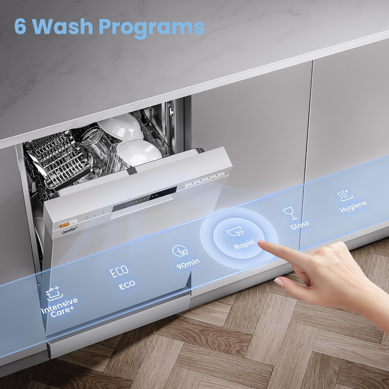COMFEE' Freestanding Dishwasher CDWEF1034BW-UK 45cm Width, Slimline Dishwasher with 10 place settings, Quick Wash, Hygiene Wash, Delay Start, Half Load, Adjustable Basket - White - Image 4