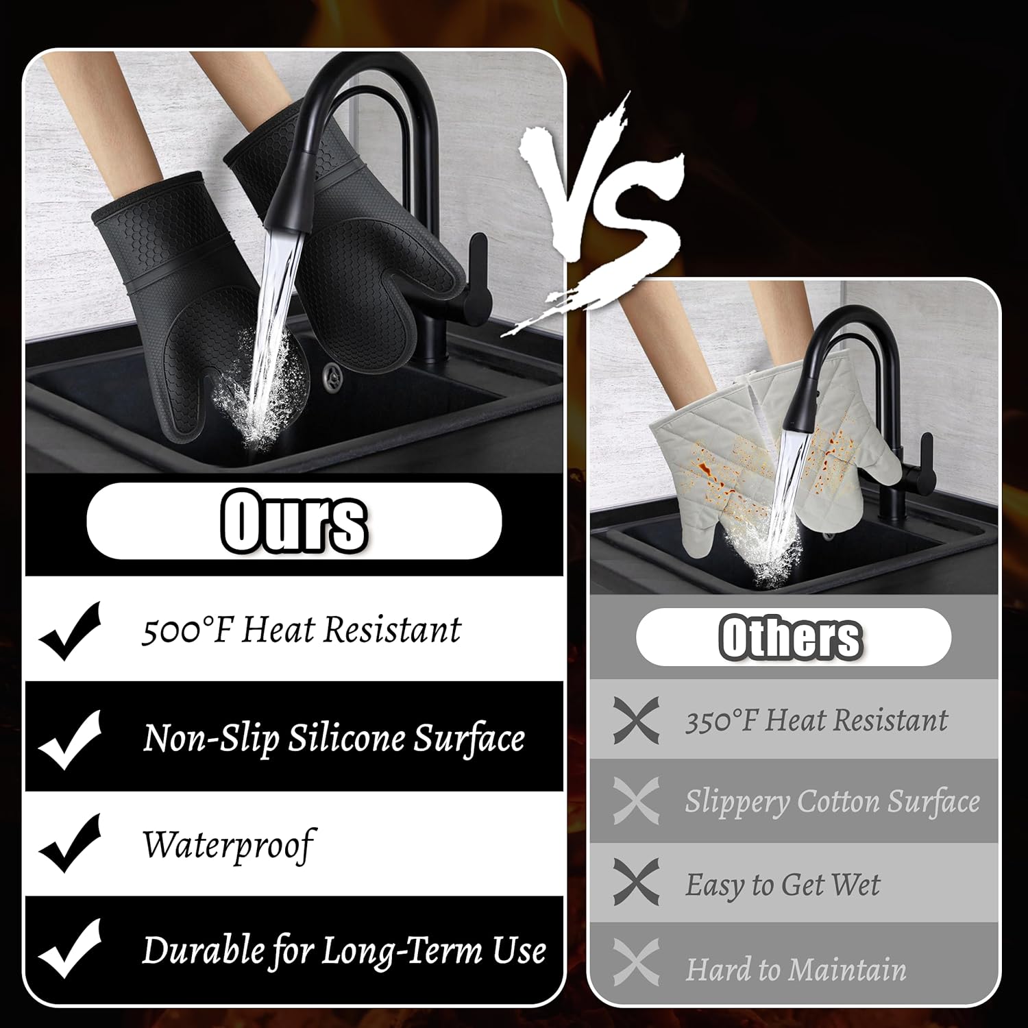 Oven Mitts,Anti-Slip Silicone Oven Gloves,Heat Resistant Gloves,Withstand 500 ℉,Black Double Oven Gloves for Kitchen Cooking,Dessert Making,BBQ - Image 6