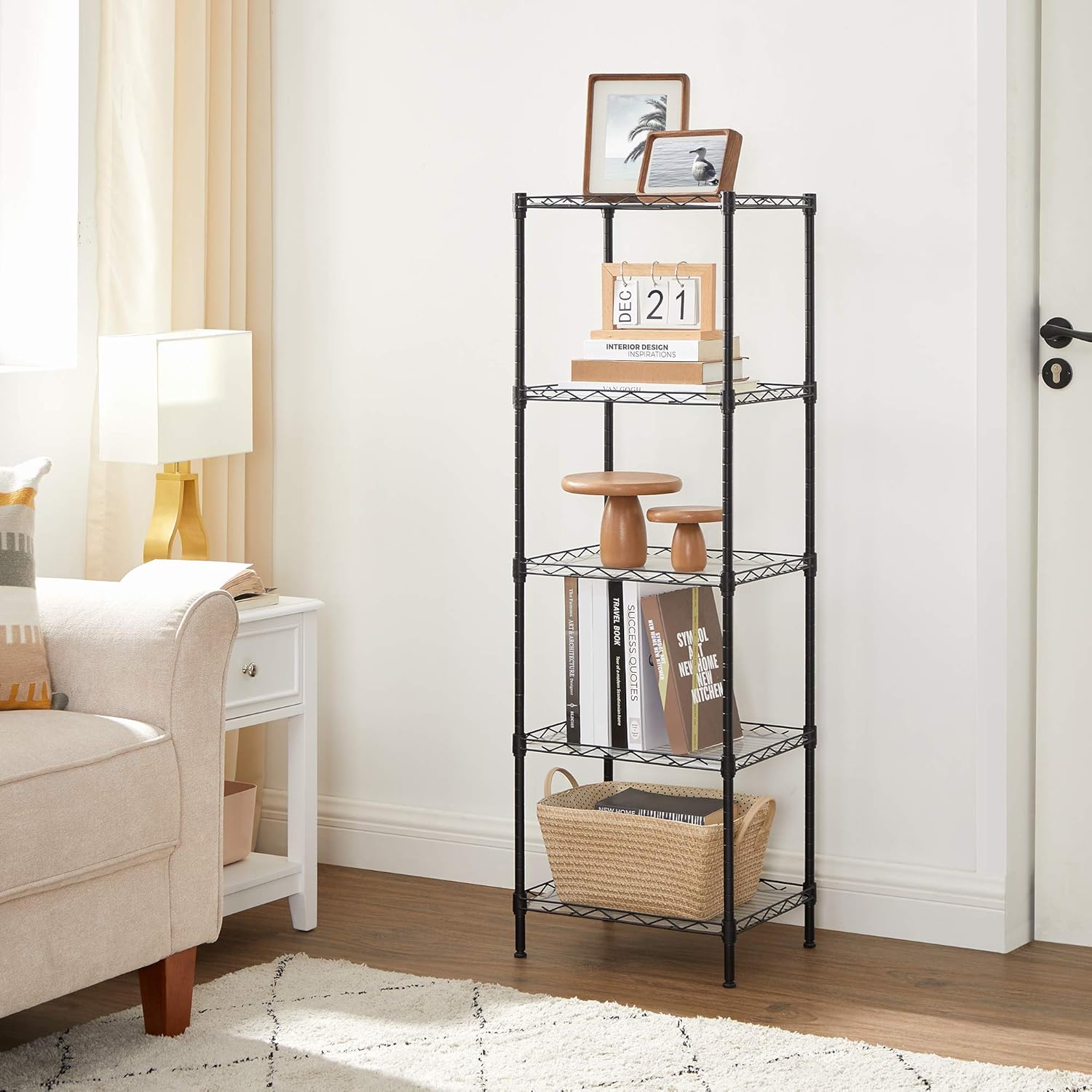 SONGMICS 5-Tier Shelving Unit, Metal Kitchen Storage Shelves, with Adjustable Wire Shelves, PP Liners, 8 Hooks, for Living Room, Garage, 30 x 40 x 121 cm, Black LGR115B01 - Image 6