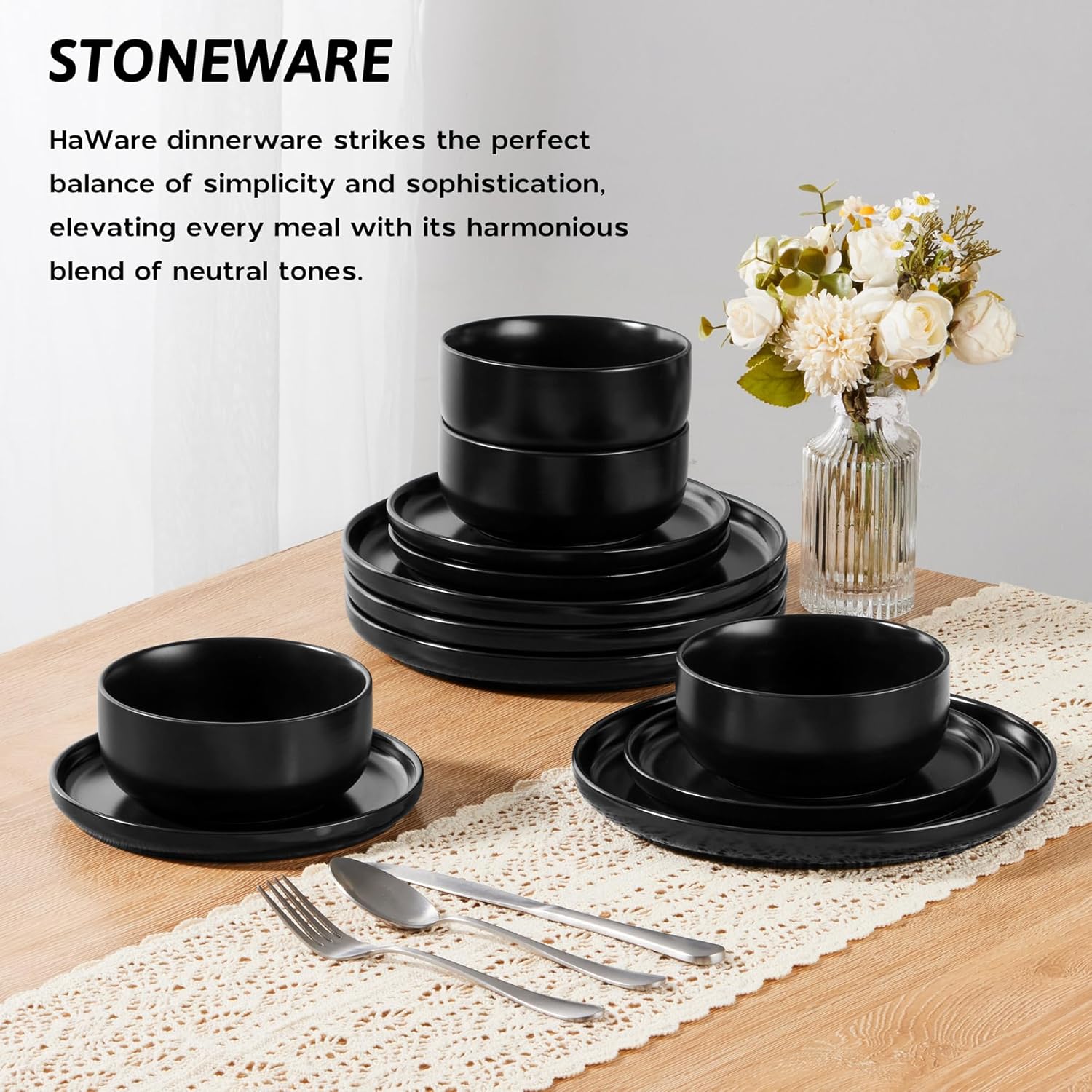 HaWare Dinner Set, 12 Piece Stoneware Dinnerware Service for 4, Elegant Matte Glaze Dining Ware Include Plates and Bowls, Chip and Scratch Resistant, Microwave & Dishwasher Safe, Matte Black - Image 5
