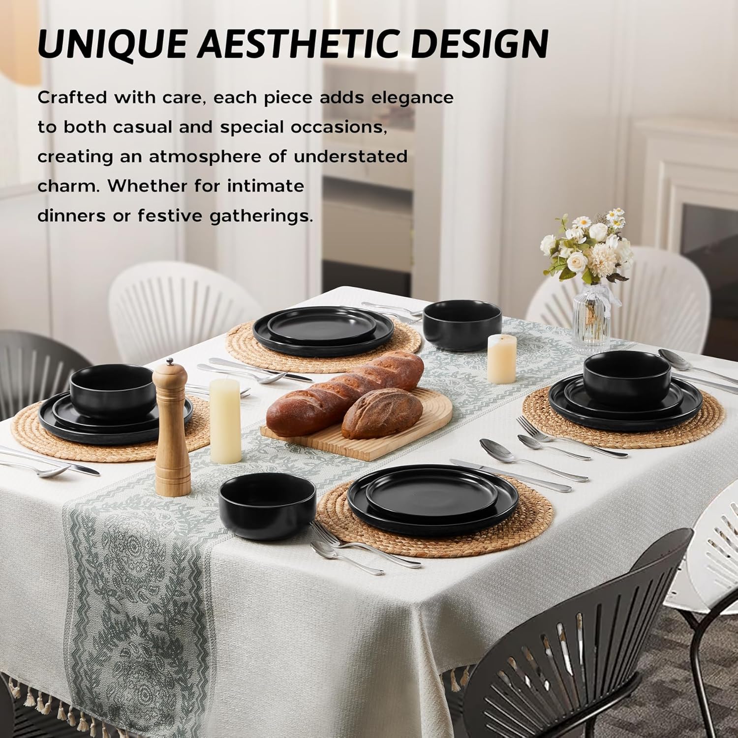 HaWare Dinner Set, 12 Piece Stoneware Dinnerware Service for 4, Elegant Matte Glaze Dining Ware Include Plates and Bowls, Chip and Scratch Resistant, Microwave & Dishwasher Safe, Matte Black - Image 7