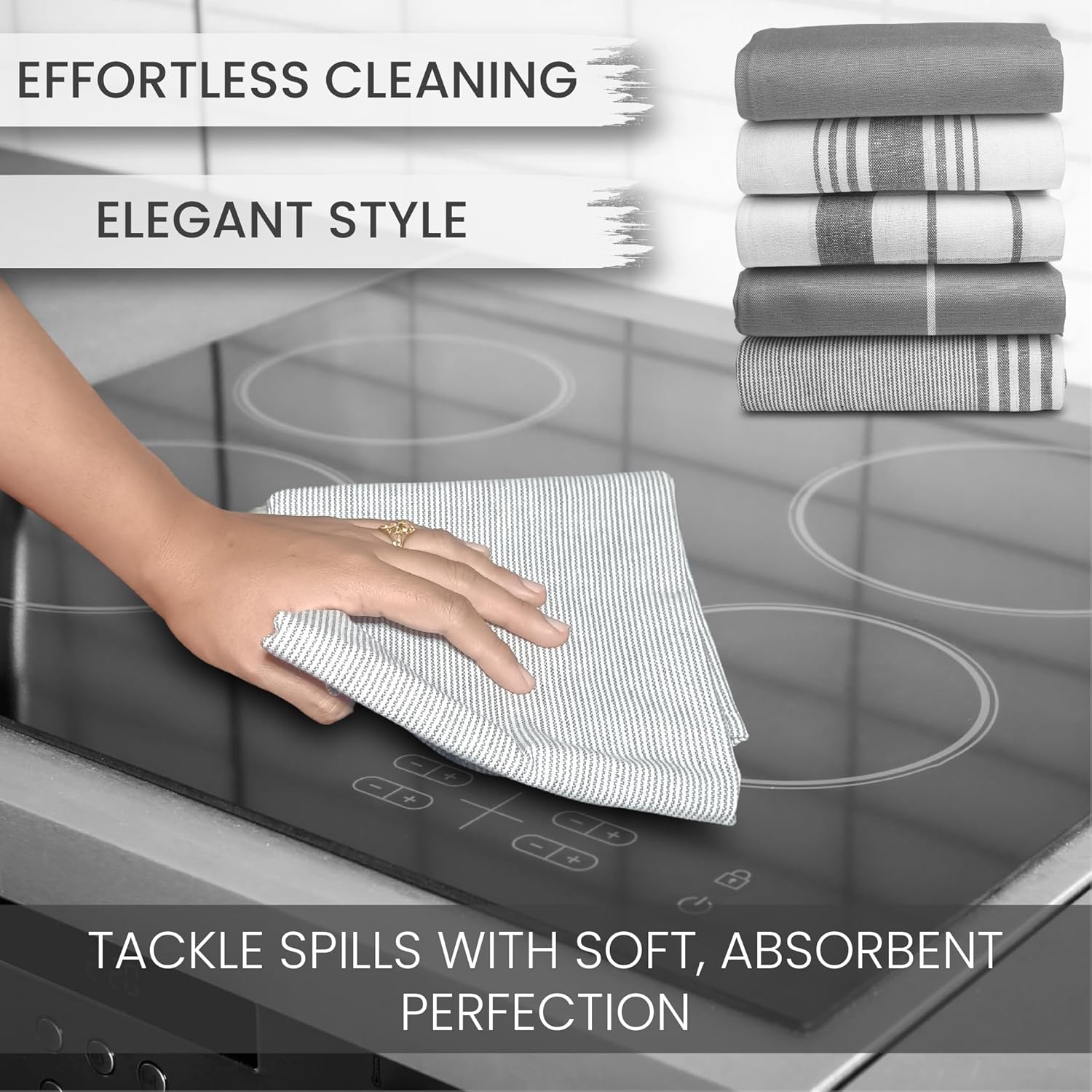 Premium Kitchen Tea Towels Set of 5 – Eco-Friendly 100% Cotton Hotel Quality Kitchen Towels Ultra Absorbent & Lint Free, Quick Drying Dish Cloth, 70 x 50 cm (Grey) - Image 3
