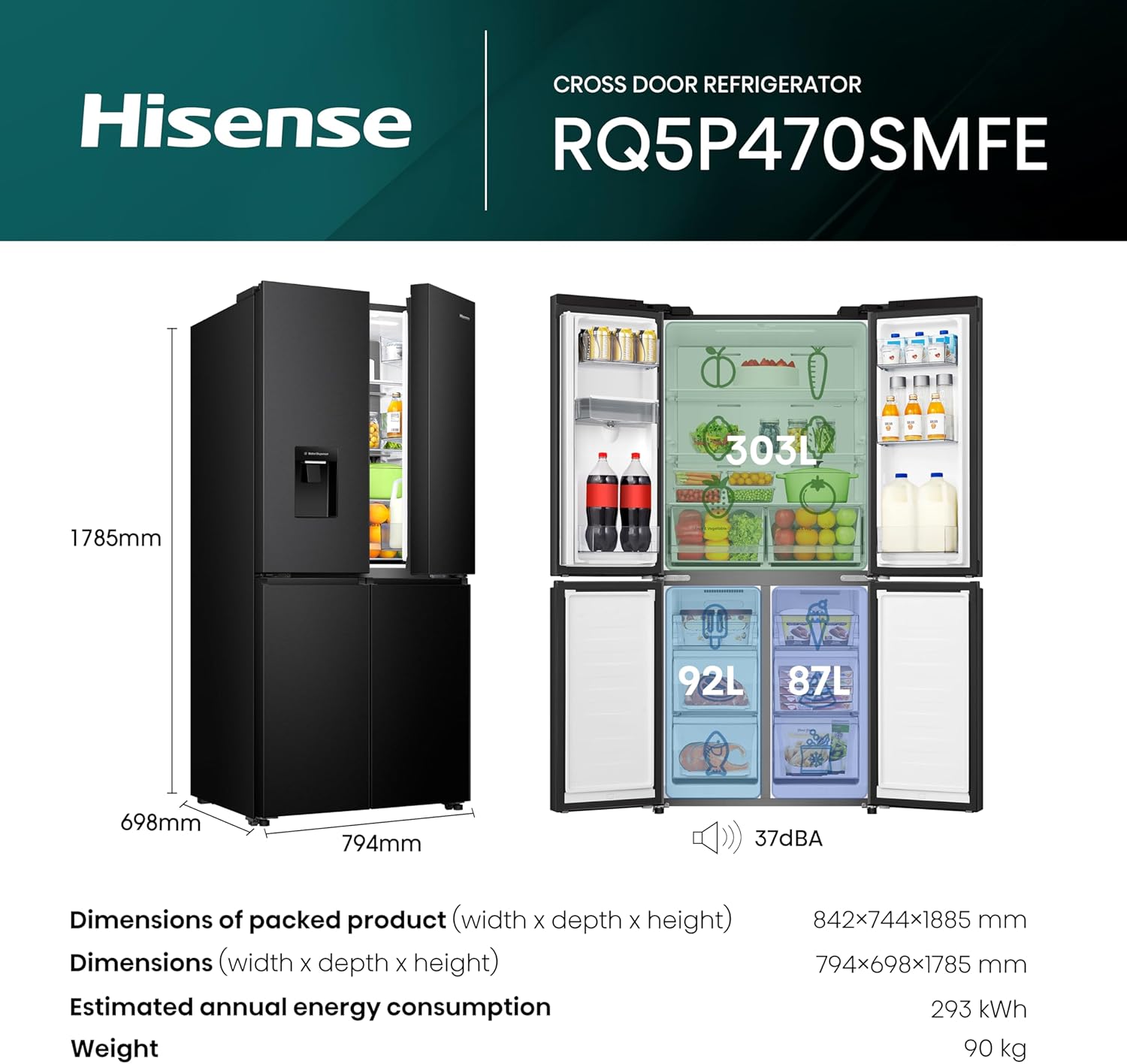 Hisense RQ5P470SMFE Wifi Connected American Fridge Freezer Cross Door with Water Dispenser, No Frost, 482 liters, Black Stainless Steel - E Rated, Noise level: 37 decibels, H178.5 x W79.4 x D69.8 (cm) - Image 2
