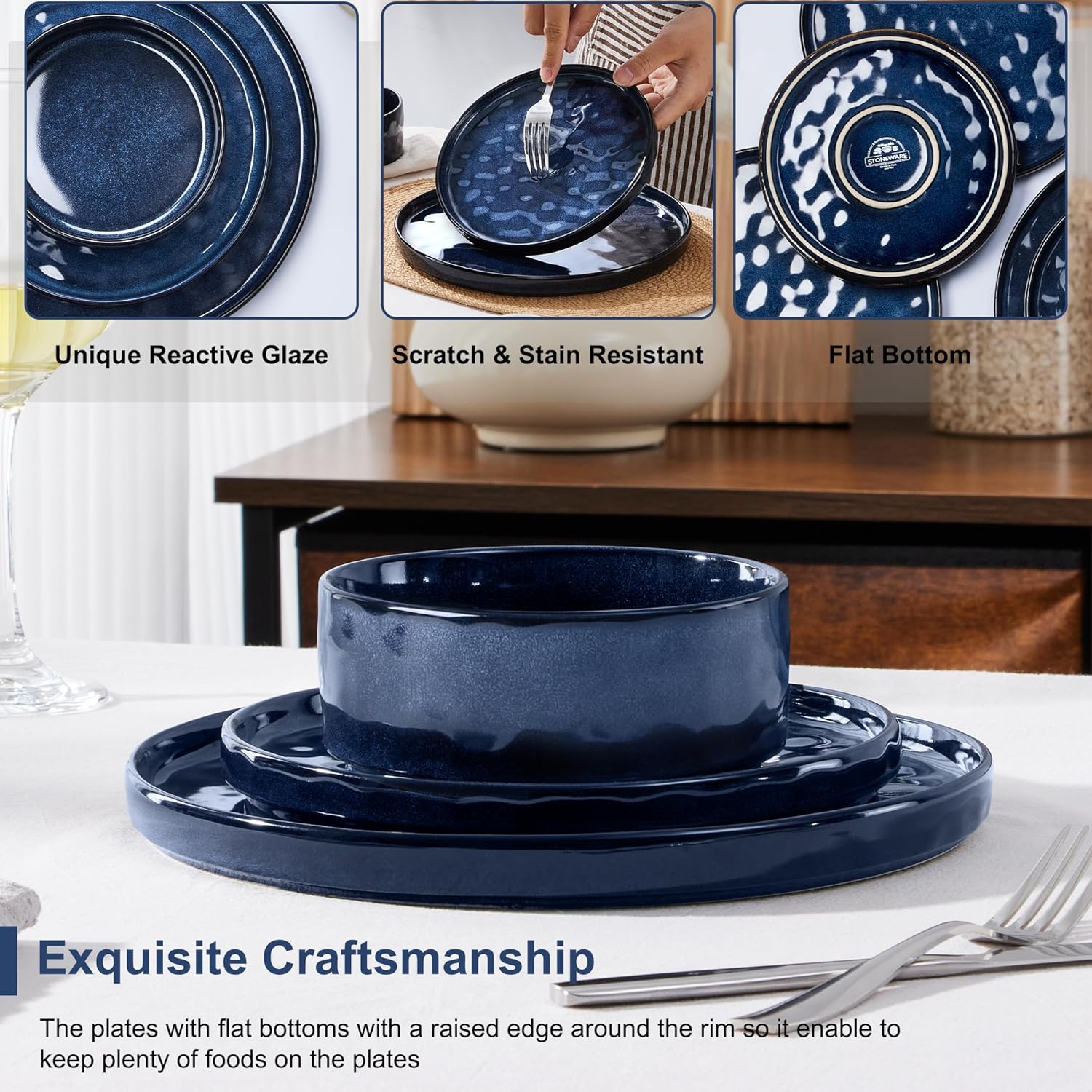 Herogo 12 Piece Dinner Set, Stoneware Dinnerware Sets for 4 People, Reactive Glaze Dining Plates and Bowls, Microwave and Dishwasher Safe, Chip and Scratch Resistant, Nebulas Blue - Image 3