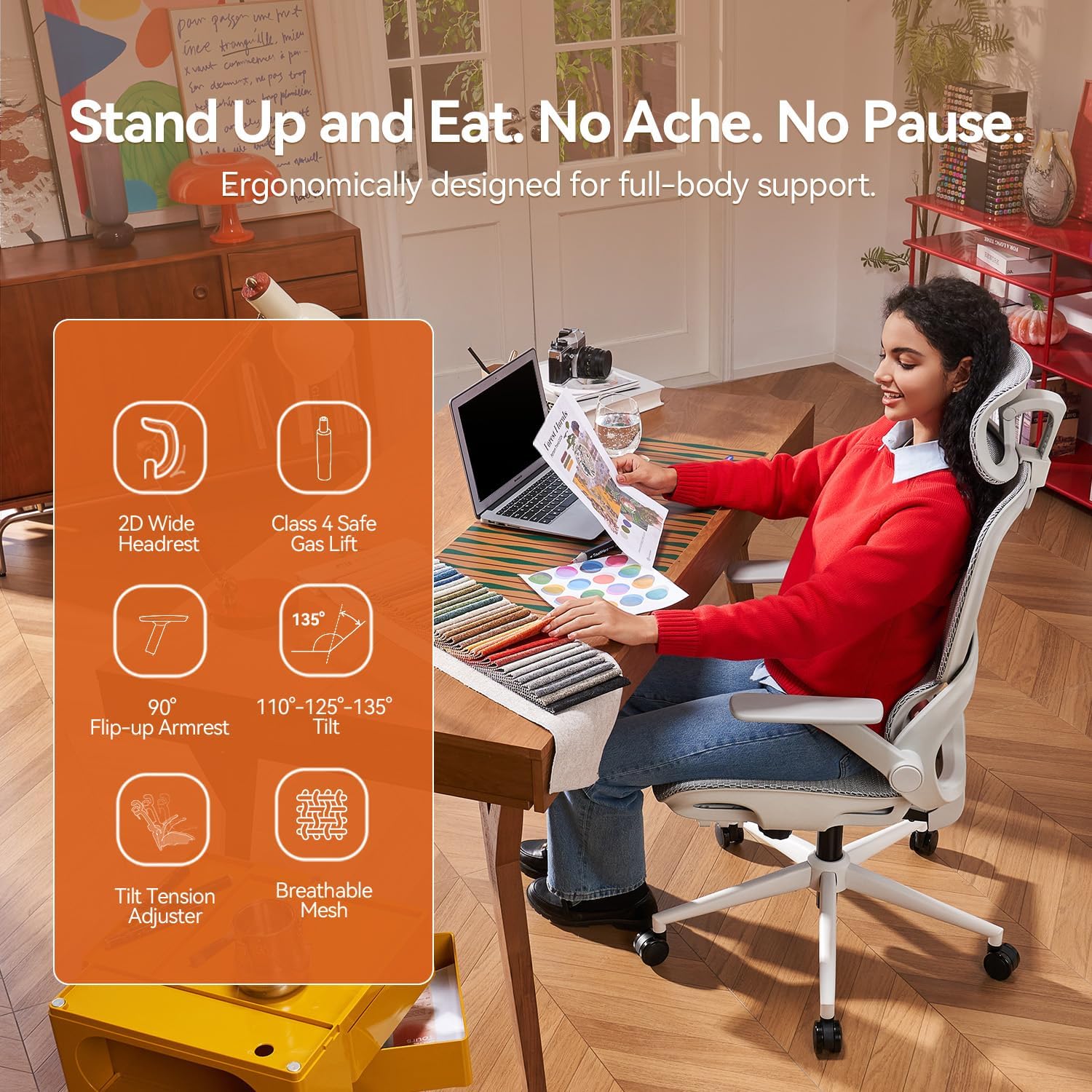 SIHOO B100 Ergonomic Office Chair, Comfy Desk Chair with Adaptive Dynamic Lumbar Support, Computer Chair with Extra Wide Headrest, Flip-Up Armrests, 90-135° Tilt Lock and Breathable Mesh Cushion - Image 9
