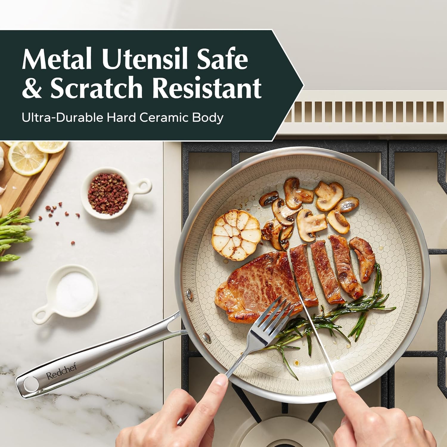 Redchef Ceramic Nonstick Frying Pan Set 24 28 cm, Hybrid Tri-Ply Stainless Steel Ceramic Skillet, Non Toxic,Dishwasher Safe, Oven Safe, PFAS PFOA & PTFE Free - Image 5