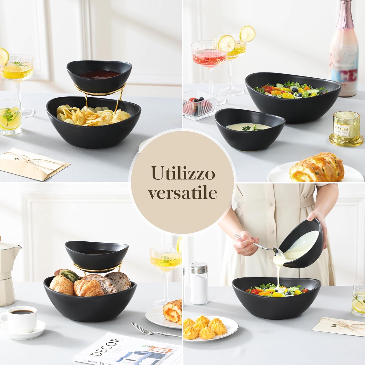 MALACASA 2 Tier Chip and Dip Serving Set with Metal Stand,Ceramic Appetizer Bowls for Party, Multi-Use Food Display for Fruits, Snacks, Black Elegant Tiered Serving Dishes for Party - Image 5