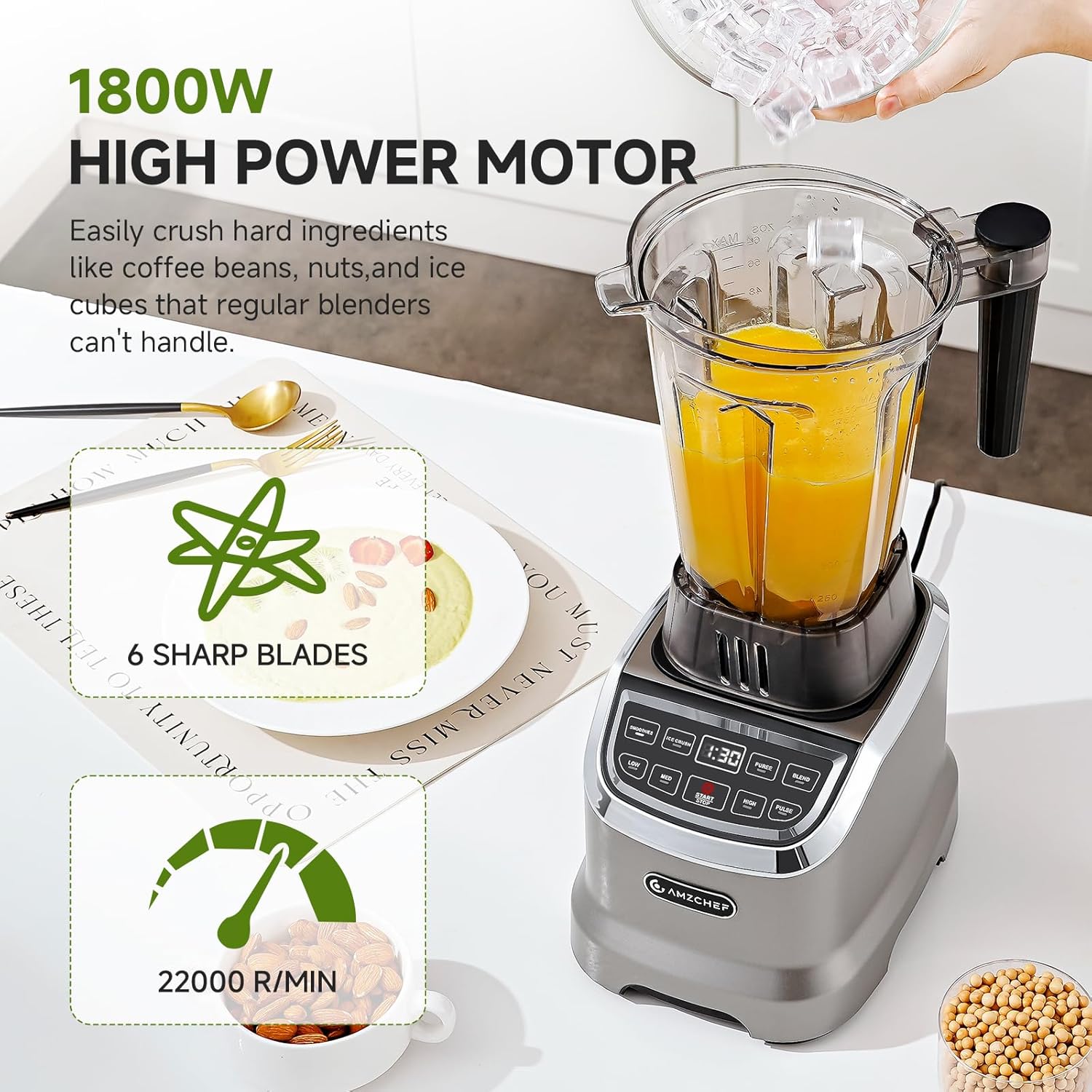 AMZCHEF Blender Smoothie Maker with Two Ways, 1800W Blenders for Kitchen with Smart Panel Control, 3 Speed Control & 4 Preset Settings, 1.85L Jug & 600ml Portable Bottle - Image 3
