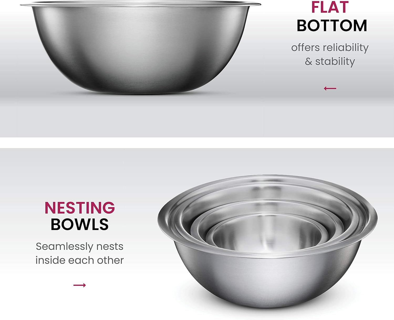 FineDine Mixing Bowls Set - 5-Piece, Easy-Grip, Stainless Steel Mixing Bowls for Baking, Cooking, Salad & Food Prep - Large, Medium and Small Metal Nesting Bowls - Image 7