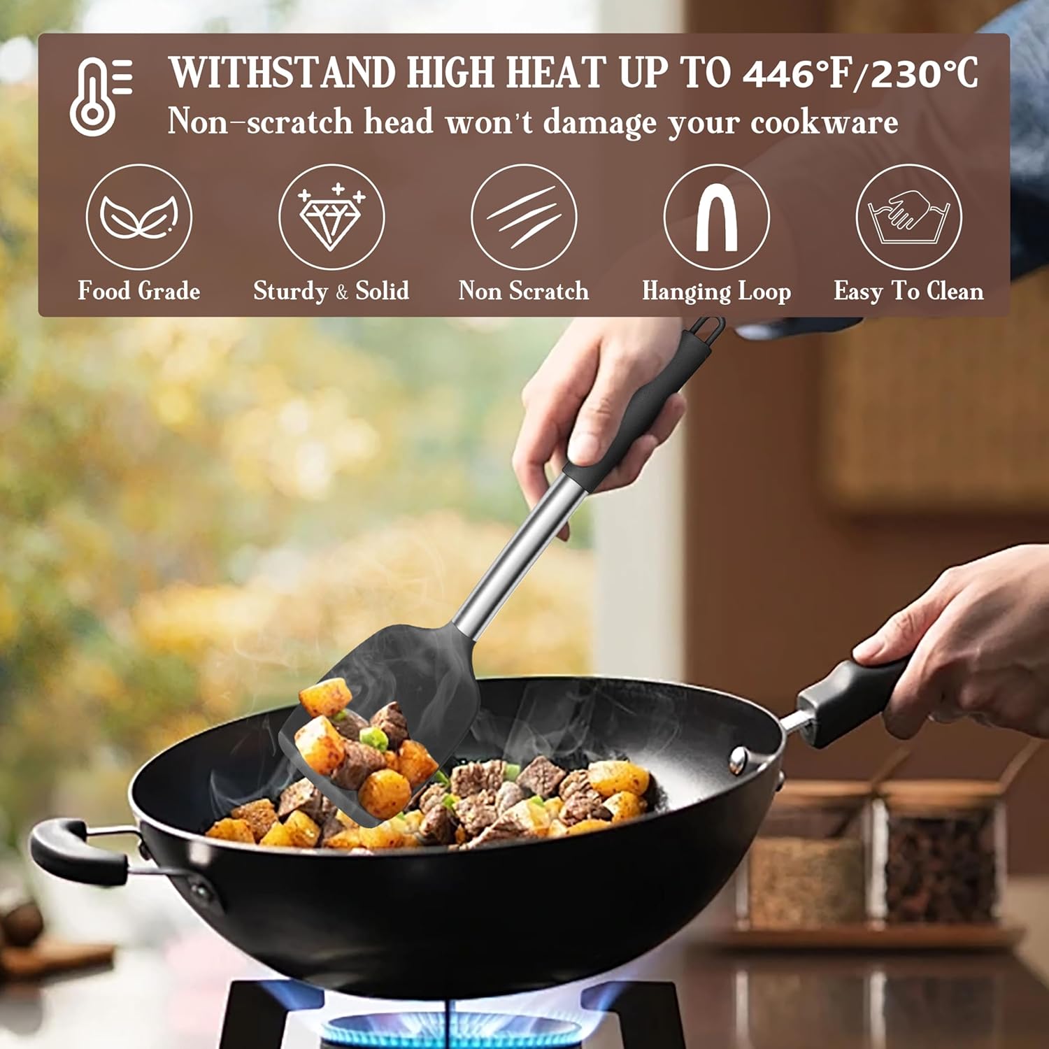 Onader Black Kitchen Utensils Set, 6 Pieces Silicone Cooking Utensils for Non-Stick Cookware, Heat Proof Kitchen Cooking Tools, Stainless Steel Handle & Dishwasher Safe - Image 4