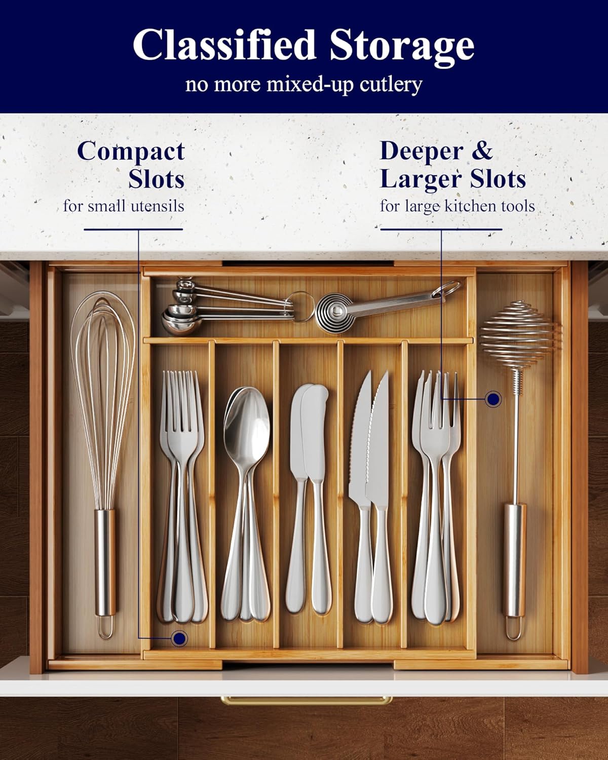 Kitsure Silverware Organizer - Expandable Bamboo Kitchen Drawer Organizer, Adjustable Cutlery Tray for Kitchen Storage & Organisation, 33.6 x 4.5 x 29.0-47.0 cm - Image 2