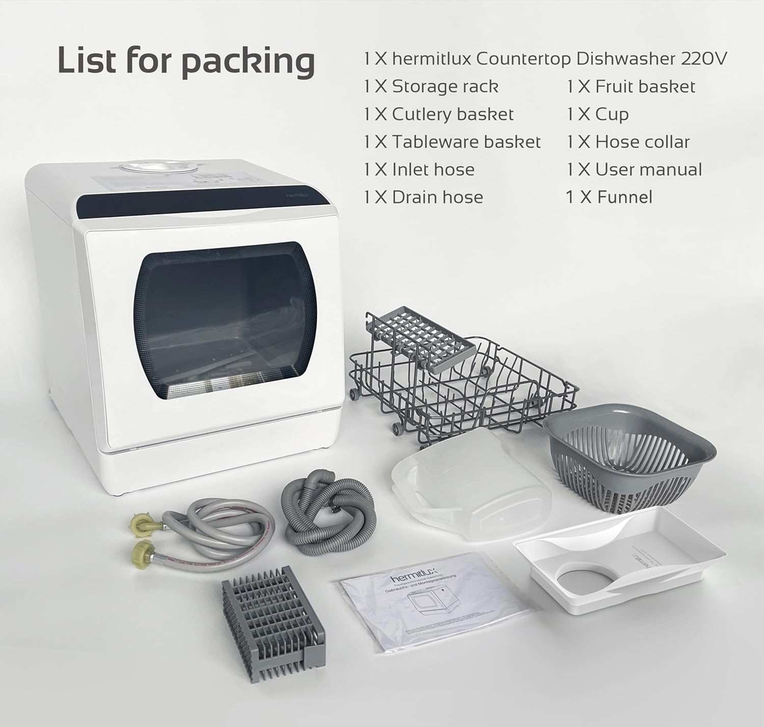 Hermitlux Table Top Dishwasher for 5 Place Settings (5L Tank), Tabletop Dishwasher no Plumbing with 6 Programmes Including 360° Spray Arms | Hot - Air Drying | Energy Class D | No Installation - Image 8