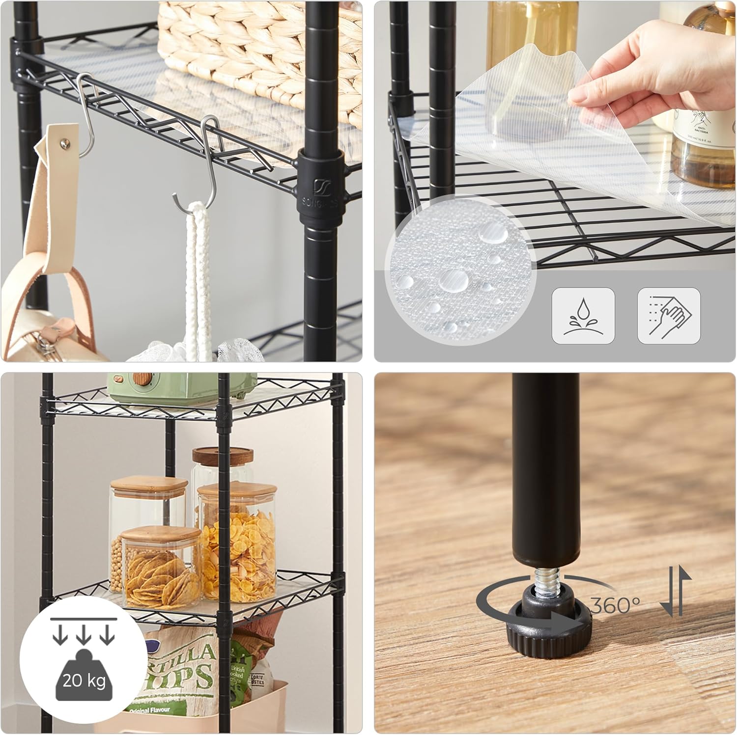 SONGMICS 5-Tier Shelving Unit, Metal Kitchen Storage Shelves, with Adjustable Wire Shelves, PP Liners, 8 Hooks, for Living Room, Garage, 30 x 40 x 121 cm, Black LGR115B01 - Image 4