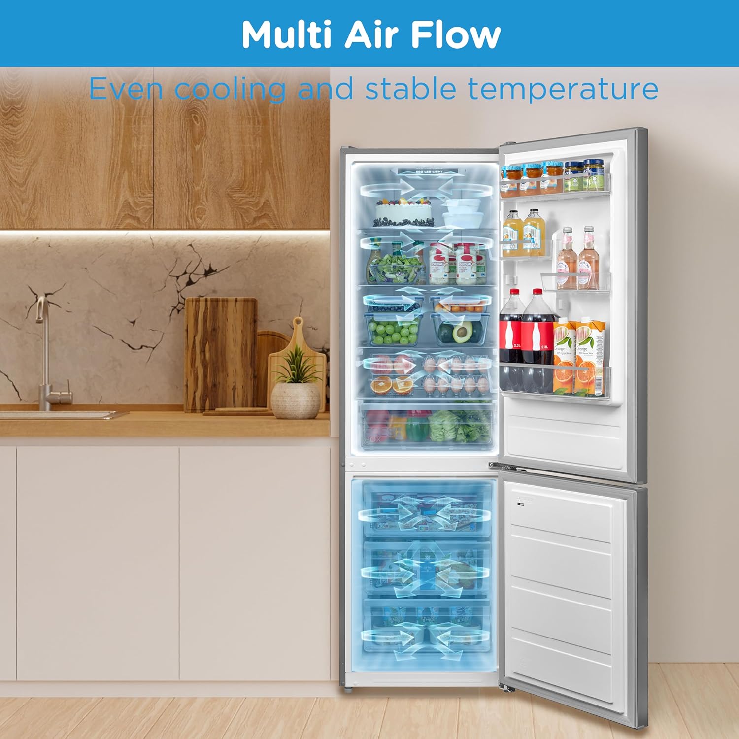 Midea MDRB424FGD02O 310L 70/30 Freestanding Fridge Freezer, Total No Frost, Invertor Compressor, 224L Fridge, 86L Freezer, LED Light, Reversible Door, 59.5W x 63D x 188H cm, Stainless Steel - Image 4