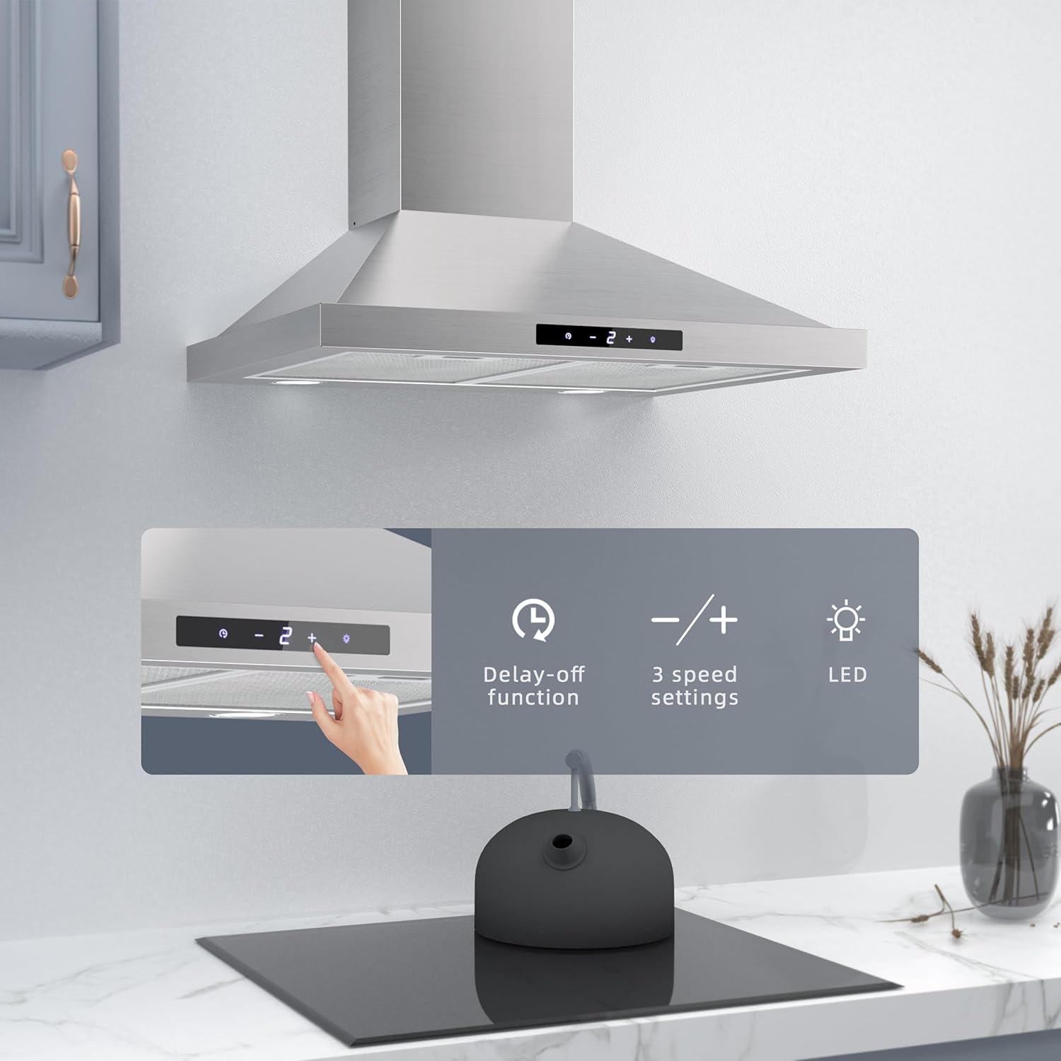 FIREGAS Chimney Cooker Hood 60 cm, 3 Fand Speeds, 335 m³/h,Touch controls,Recirculating & Ducting Extractor Hood Wall Mounted Range Hood 600mm Kitchen Extractor Fan - Stainless Steel - Image 3
