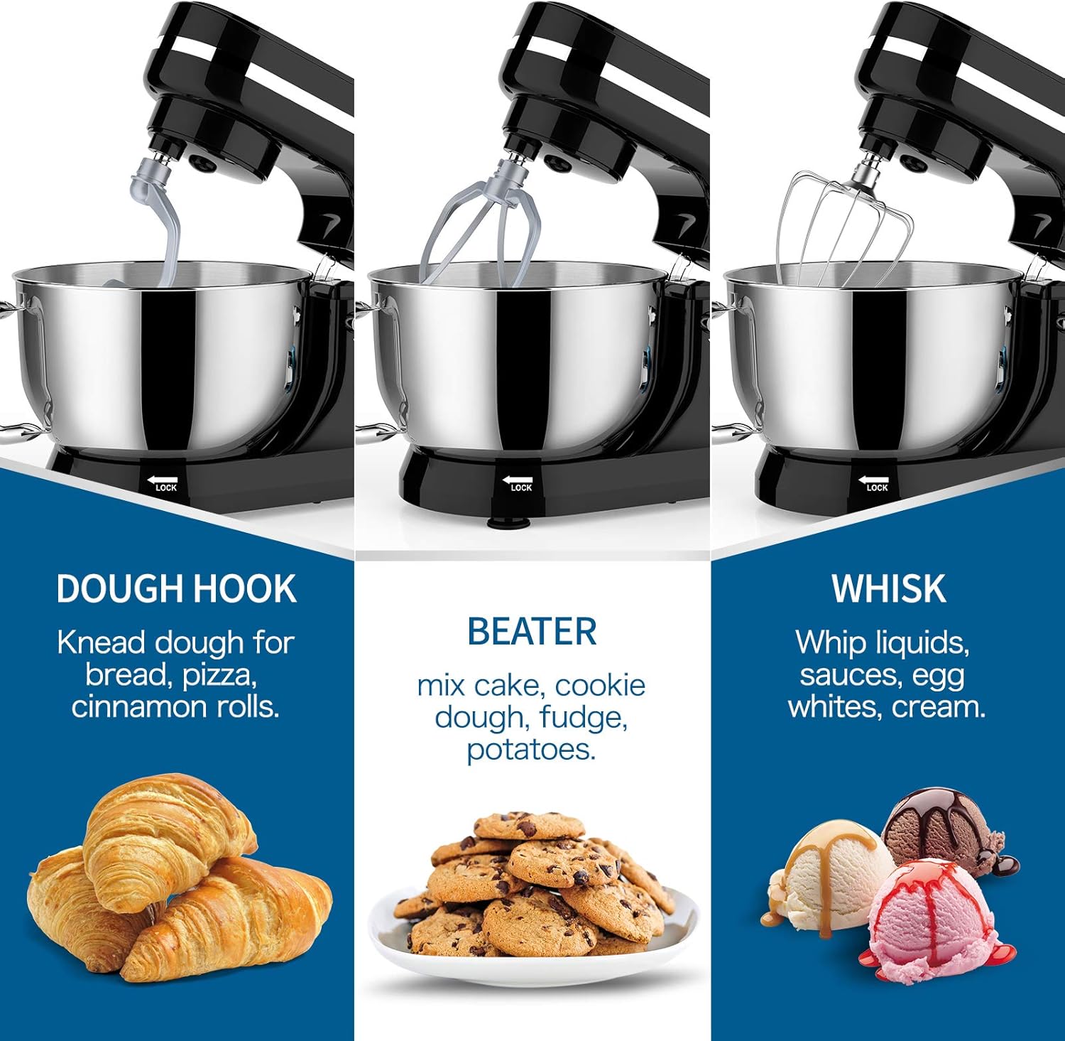 Vospeed Stand Mixer,5 Quarts 8-Speed 1000W Tilt-Head Food Mixer, Kitchen Electric Standing Mixer With Dough Hook, Whisk, Beater, Splash Guard & Mixing Bowl For Baking, Dishwasher Safe (Black) - Image 4