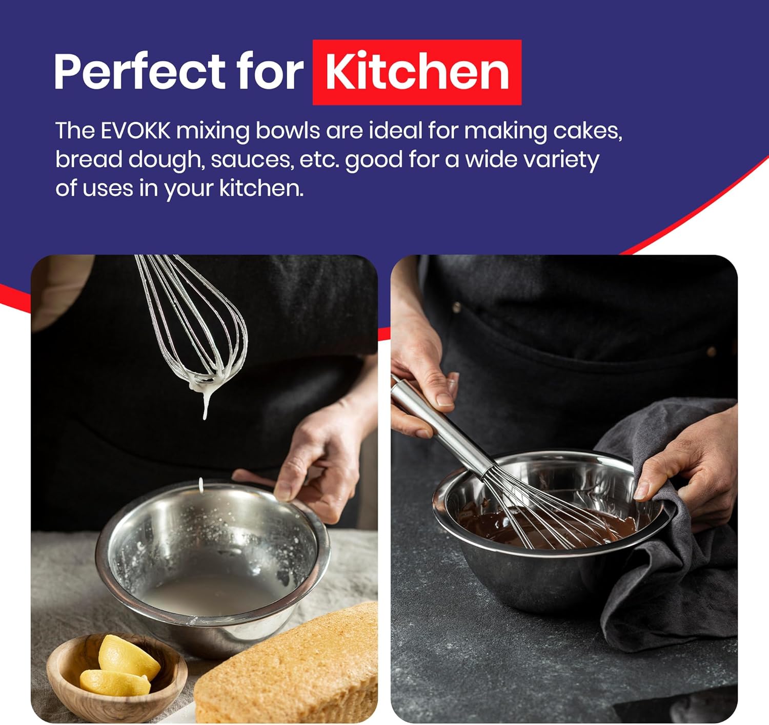 EVOKK Mixing Bowl Set 5 Stainless Steel Mixing Bowls (16,18, 20, 24, 26cm), Mirror Polished, Durable and Lightweight, Nesting Metal Mixing Bowls for Baking, Cooking & Food Prep, Dishwasher Safe - Image 3