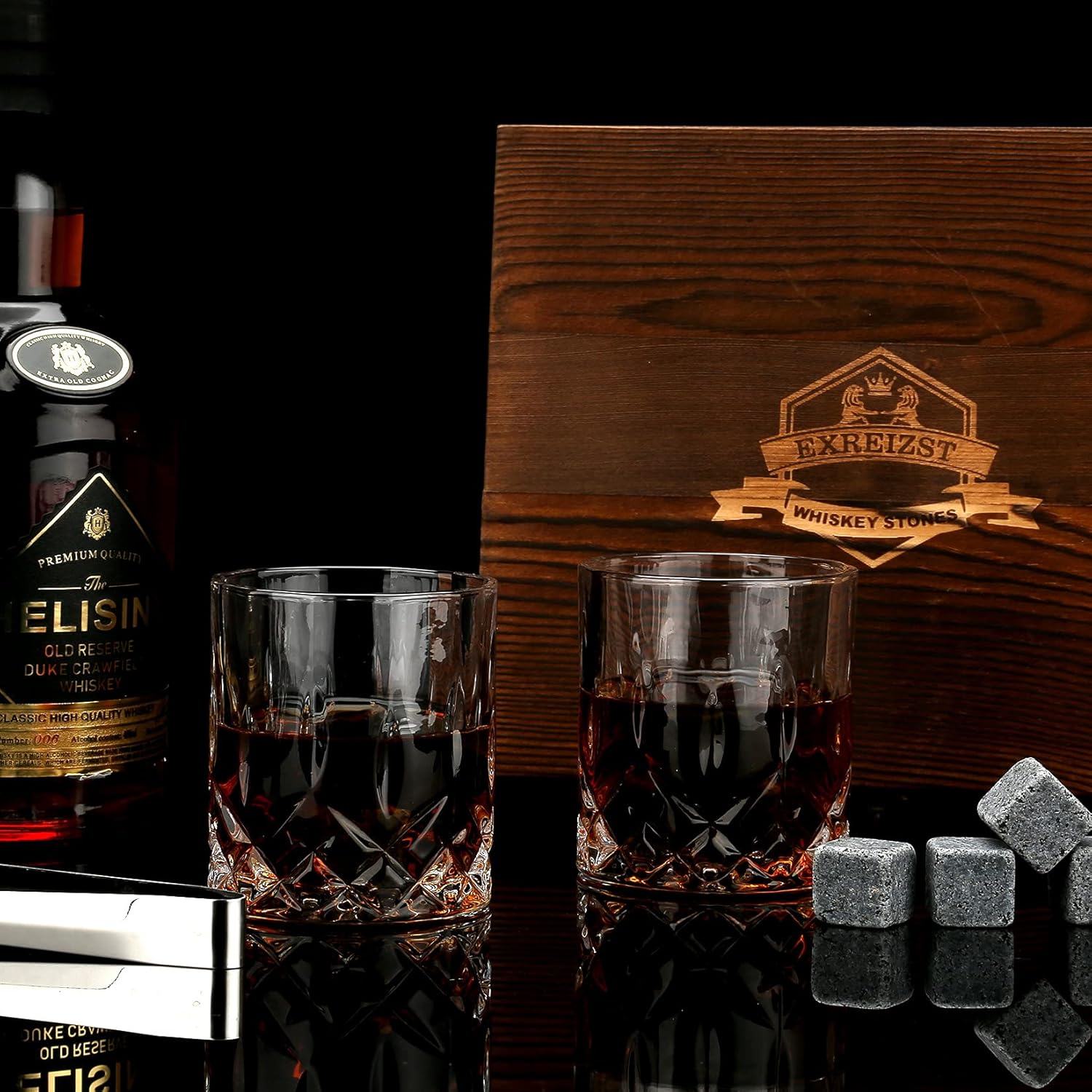 EXREIZST Whiskey Stones, Whiskey Glass Gift Set, Whisky Rocks Chilling Stones in Handmade Wooden Box– Cool Without Dilution – Whisky Glasses Set of 2, Gift for Dad, Husband, Men - Image 7