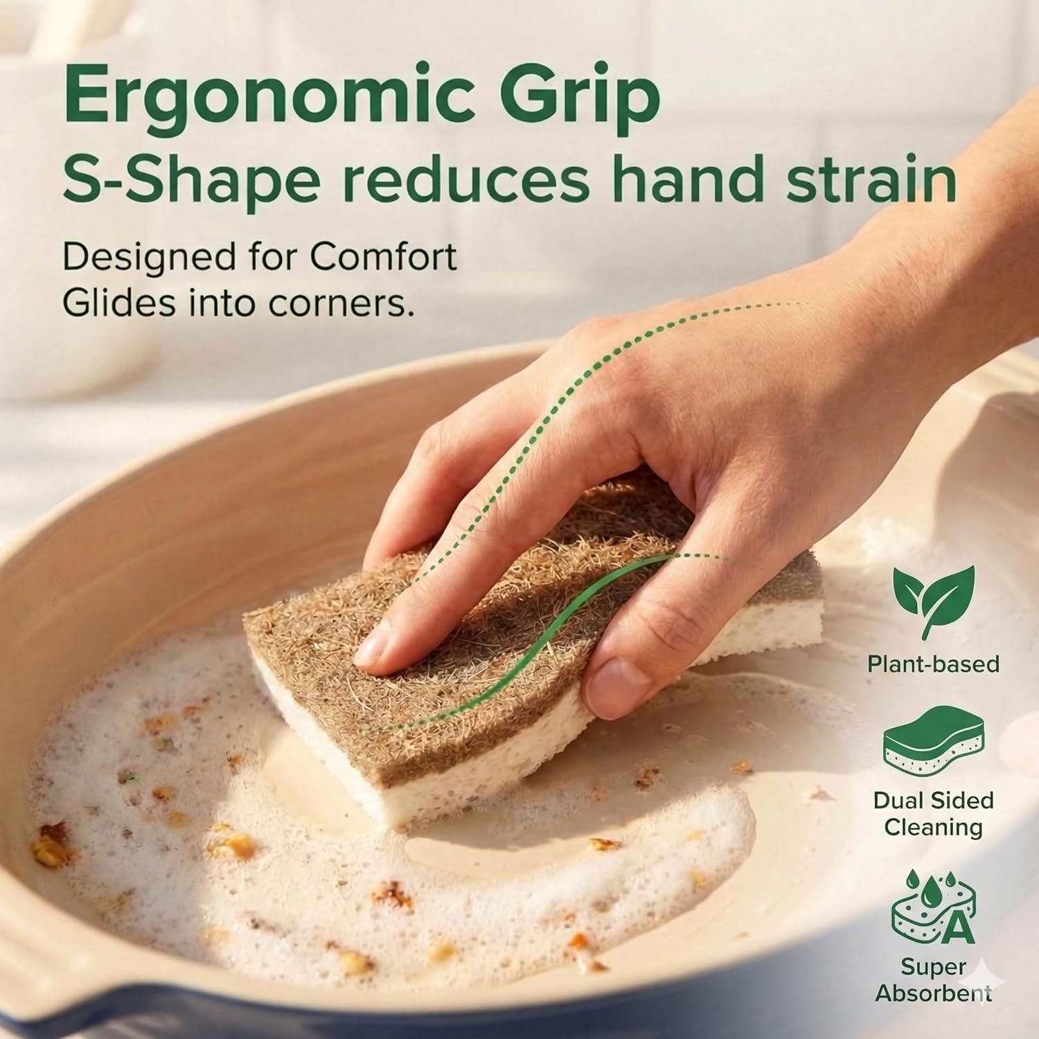 6 Pack Natural Washing Up Sponge, UK Brand Eco Friendly Kitchen Dish Cleaning Sponges, Compostable Cellulose & Coconut Eco Sponges & Scourers, Biodegradable Non Scratch for Heavy Duty Scrubbing - Image 4