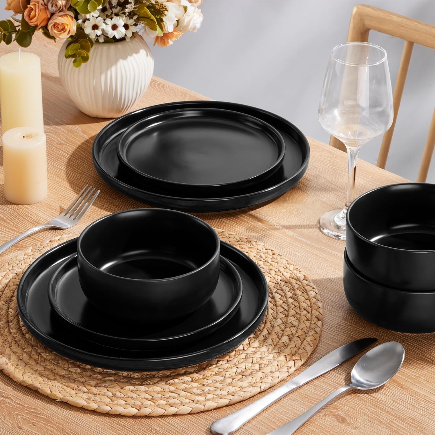 HaWare Dinner Set, 12 Piece Stoneware Dinnerware Service for 4, Elegant Matte Glaze Dining Ware Include Plates and Bowls, Chip and Scratch Resistant, Microwave & Dishwasher Safe, Matte Black - Image 8