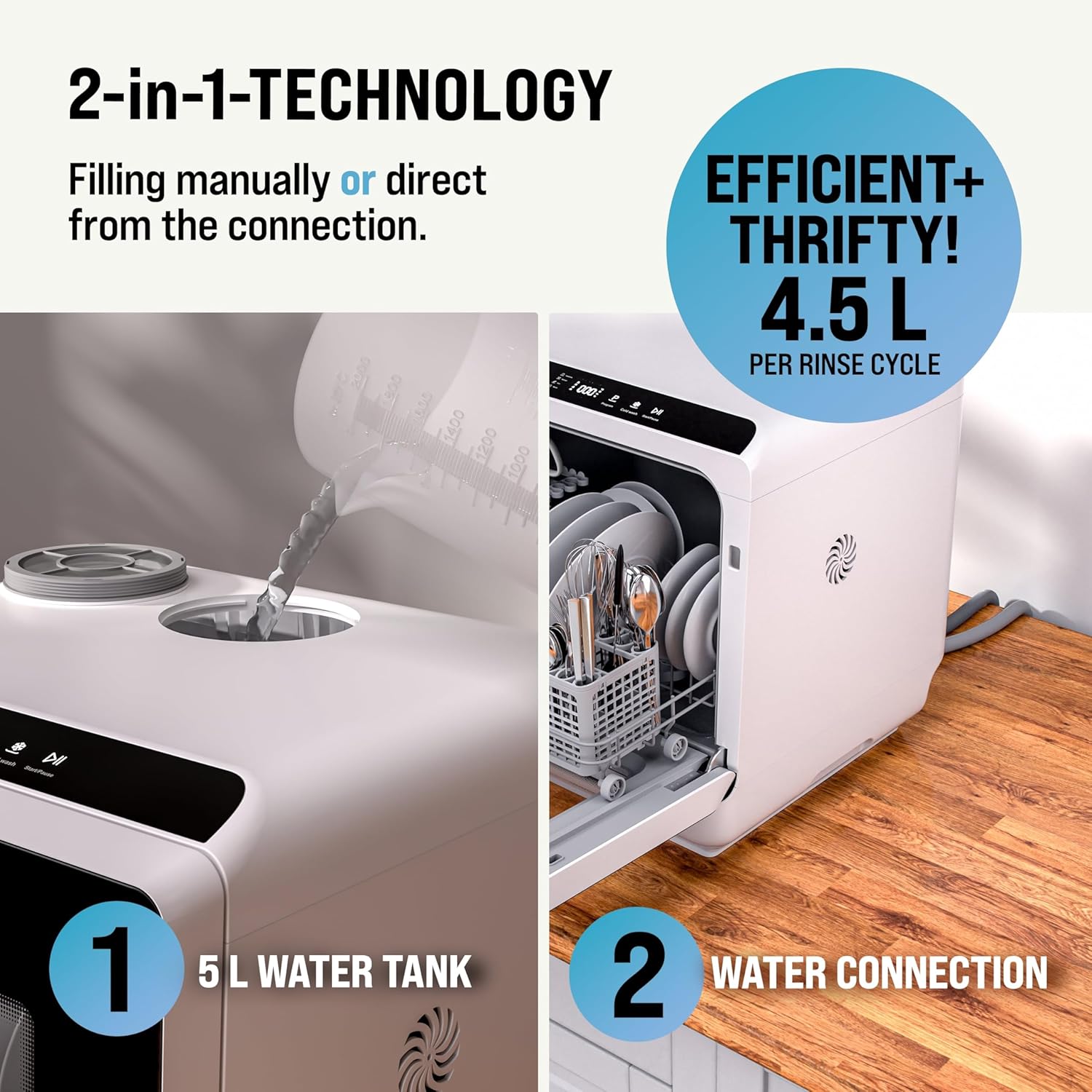 MONZANA® Tabletop Dishwasher with 4.5 Litre Water Tank | No Water Connection Needed | WiFi App 6 Programs 4 Place Settings | Small 45cm Mini Single Dish Washer - Image 4