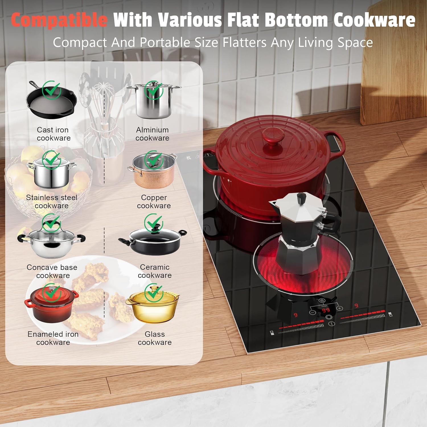 Ceramic Hob 2 Zone, 2 Ring Electric Hob Sliding Control, 30cm Built-in & Countertop Hob, 2800W, 220-240V with Plug, Safety Lock,Timer, Karienvir - Image 6