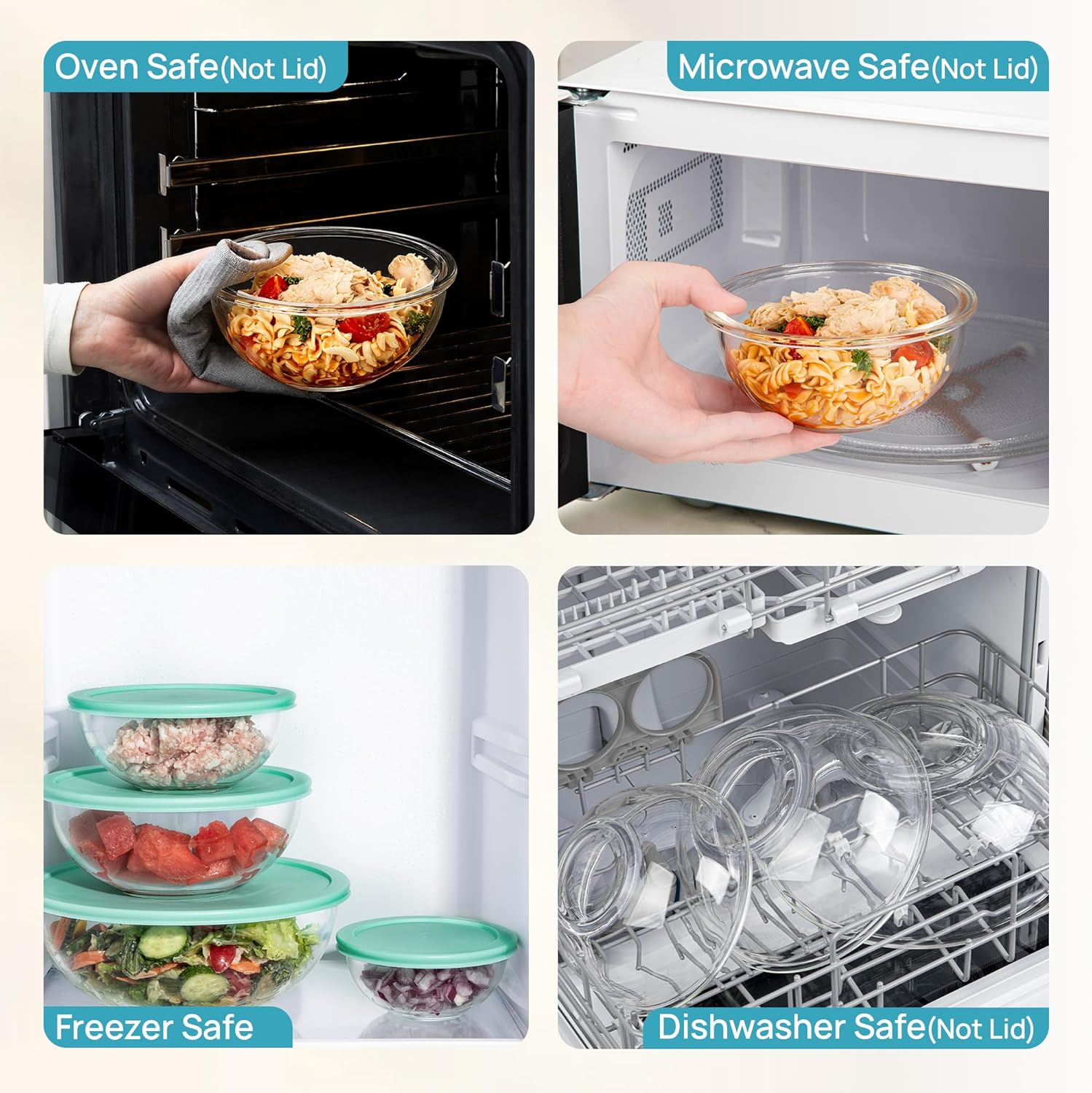 Vtopmart Glass Mixing Bowls with Lids, Set of 5 Borosilicate Glass Salad Bowl, Nesting Kitchen Serving Bowls for Prep, Cooking, Baking, Microwave Freezer Dishwasher Safe (0.2/0.5/1.0/2.0/3.5 L) - Image 6