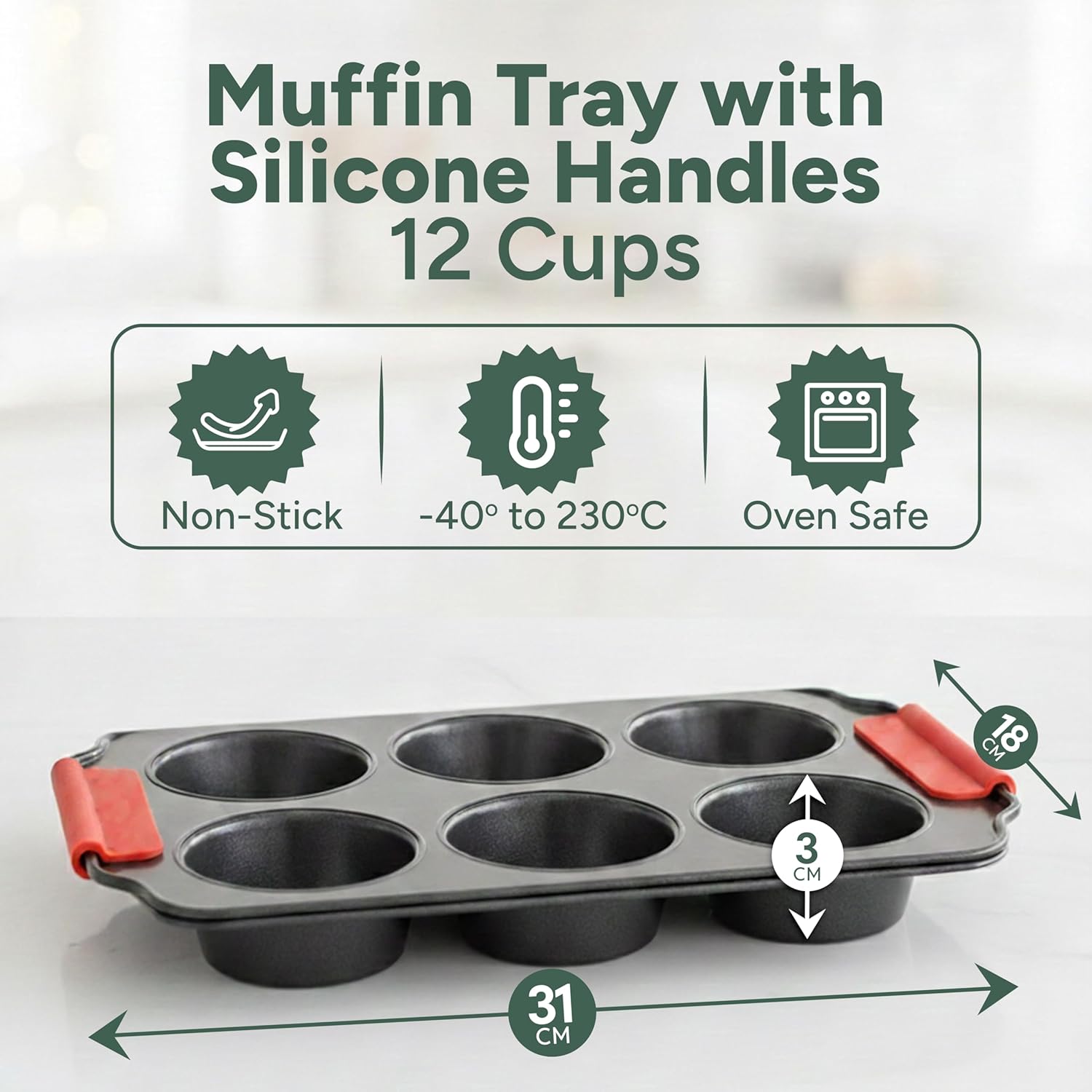 Zuvo Non-Stick 6 Cup Muffin Tray with Silicone Handles Dishwasher Safe Cupcake Pan Muffin Tray with Stain-Resistant Baking Mould for Cupcakes Bakeware, Black - Image 2