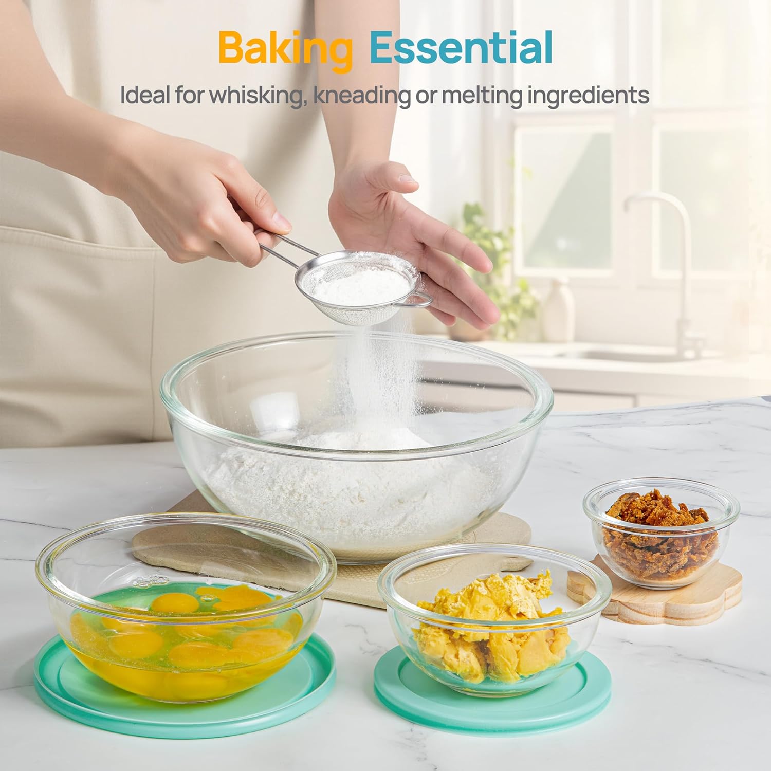 Vtopmart Glass Mixing Bowls with Lids, Set of 5 Borosilicate Glass Salad Bowl, Nesting Kitchen Serving Bowls for Prep, Cooking, Baking, Microwave Freezer Dishwasher Safe (0.2/0.5/1.0/2.0/3.5 L) - Image 5
