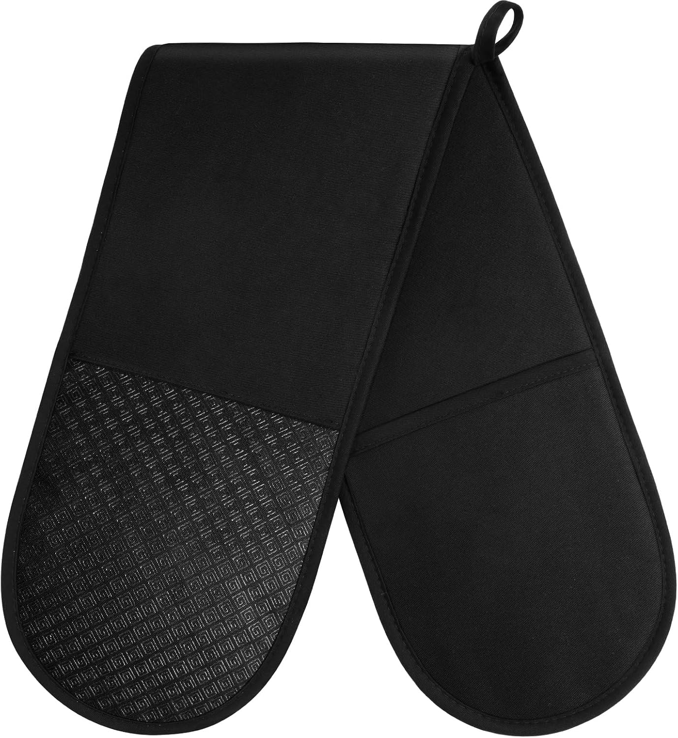 AUAUY 1 PC Black Double Oven Gloves, 250°C/482°F Heat Resistant BBQ Oven Mittens with Ropes, Silicone Non-slip Design Gloves-Oven Mitts, Cooking Oven Glove Mitts for Cooking Baking Grilling