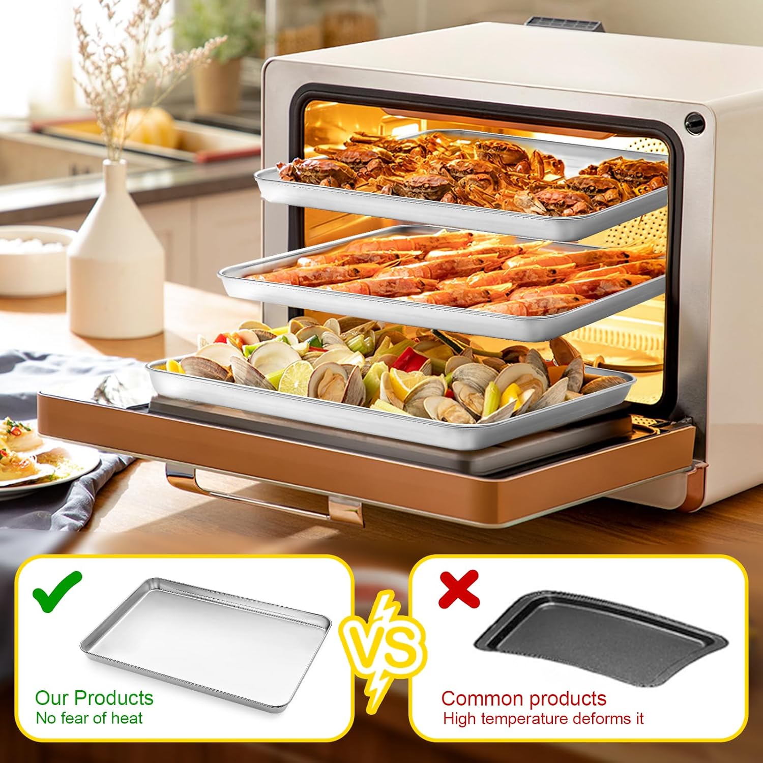 Baking Tray Set of 2, Bastwe Stainless Steel Oven Trays, Rectangle Baking Sheets Pans Perfect for Cooking Serving, Non Toxic & Rust Free, Mirror Finished & Dishwasher Safe (9 x 7 x 1 inch) - Image 4