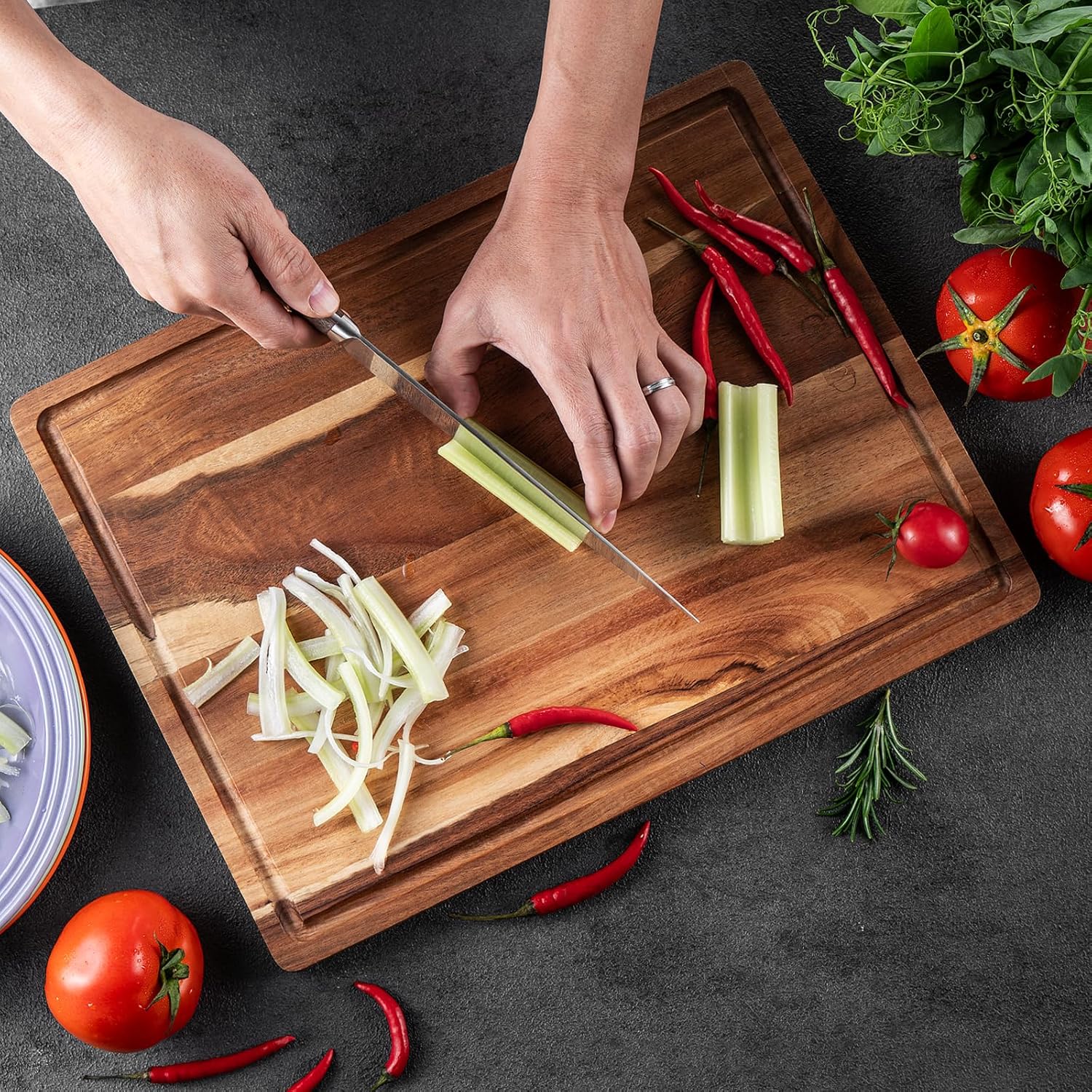 Wood Cutting Board, 40x30x1.8CM Acacia Wood Cutting Board with Juice Groove Wooden Chopping Board for Food Prep Fruit Vegetable Meat - Image 3