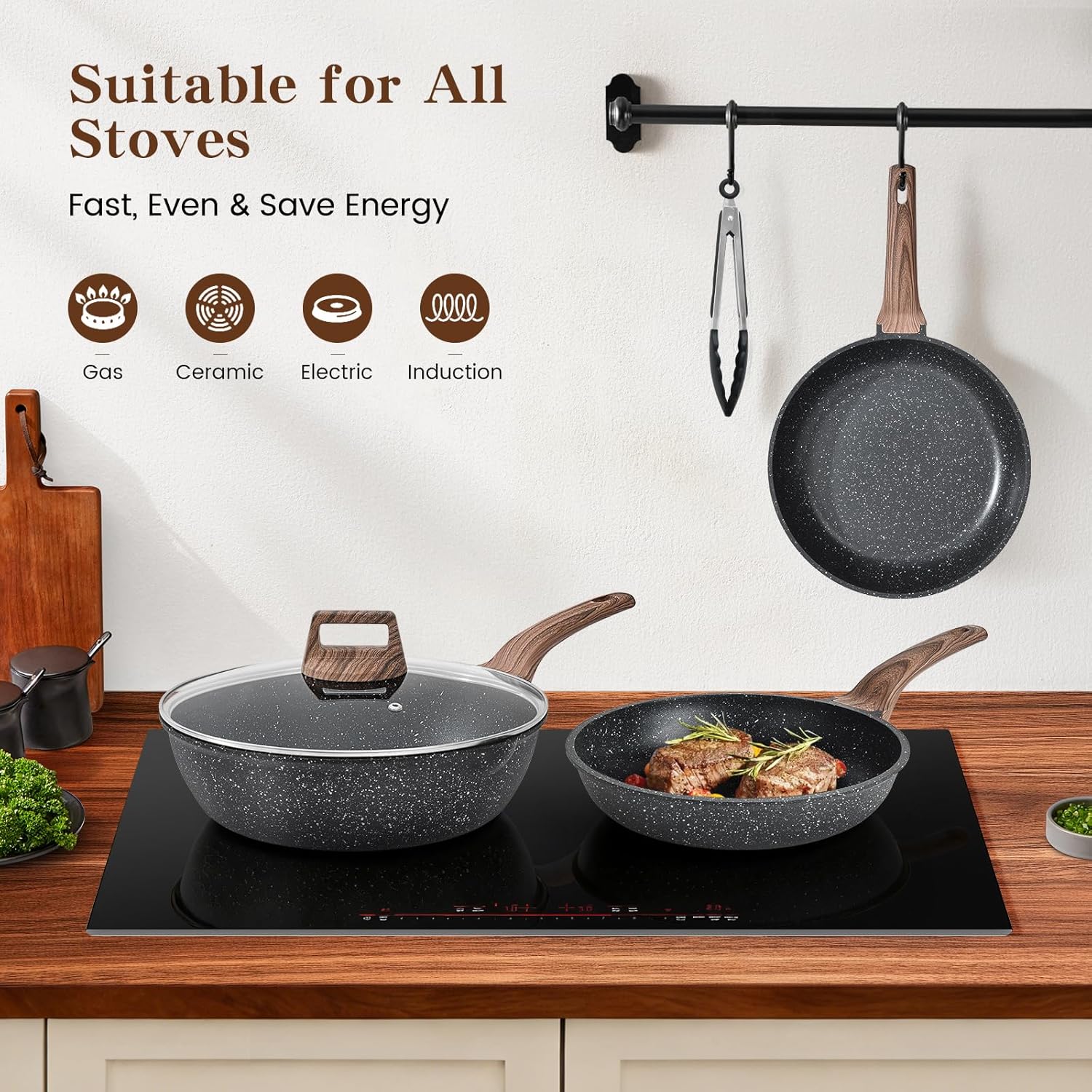 Terlulu Induction Hob Pots and Pans Set - 13pcs Nonstick Cooking Pans Set, Black Granite Cookware Set with Lid, Non Stick Saucepan Set, Frying Pan Set, PFAS PTFE PFOA PFOS Free - Image 7