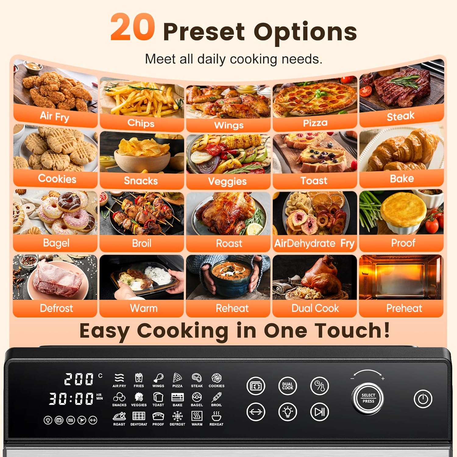 30L Air Fryer Oven, 18 in 1 Presets Dual-Cook Function Air Fryer, 360°Hot Air Circulation Technology/Digital Knob/LED Touch Panel/Timer & Temperature Control, Oil-Less Cooking, 7 Accessories, 1800W - Image 3