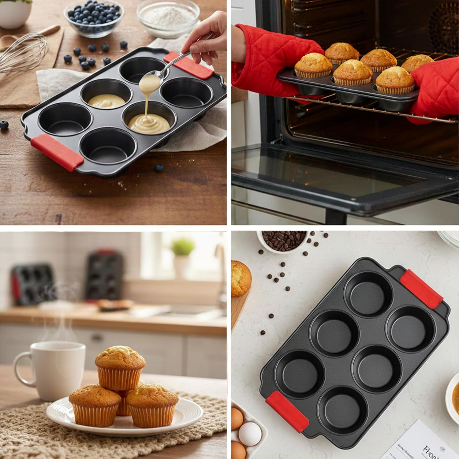 Zuvo Non-Stick 6 Cup Muffin Tray with Silicone Handles Dishwasher Safe Cupcake Pan Muffin Tray with Stain-Resistant Baking Mould for Cupcakes Bakeware, Black - Image 7