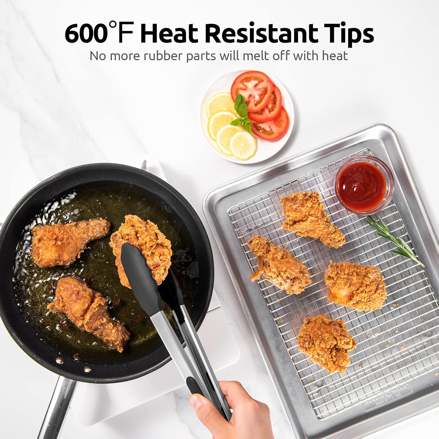 315℃ Heat Resistant Kitchen Tongs: U-Taste Silicone Cooking Tong Set with Firm Sealed Non Stick Silicone Tips and Silicon Coated 18/8 Stainless Steel Handle for Serving Grilling (Set of 2, Black) - Image 3