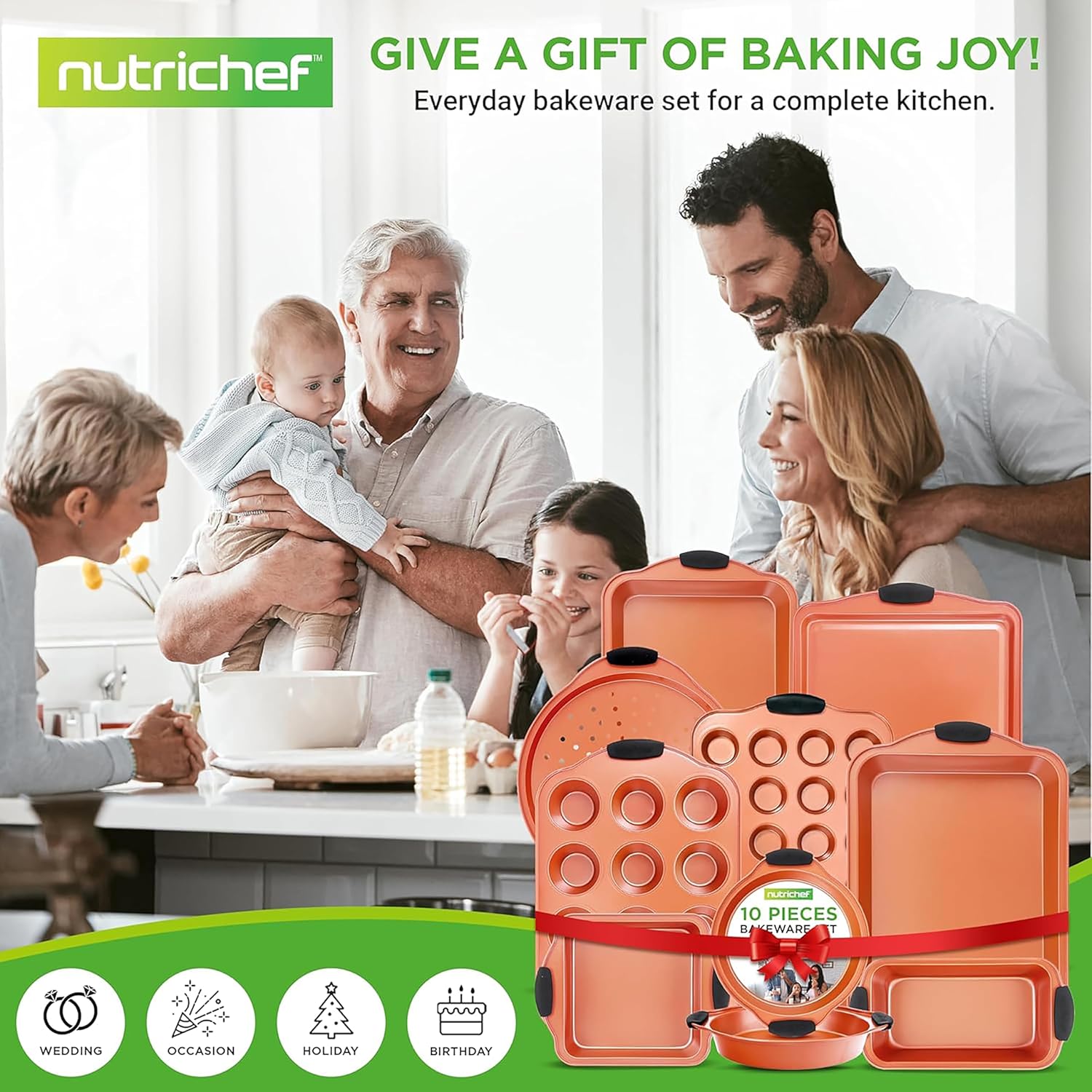 NutriChef Non-Stick Bakeware Set 10-Piece , Premium Carbon Steel Baking Pans with Silicone Handles, Includes Cookie Sheets, Cake, Pizza and Roasting Pans, Non-Toxic Kitchen Cookware Set, Copper - Image 6